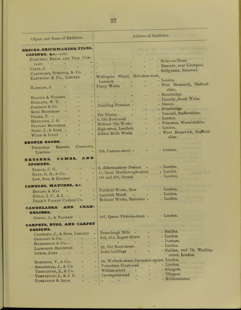 Object, and Name of Exhibitor. Address of Exhibitor. BRICKS, BRICX1«AKING,TII.ES, COPINGS, &.C.—cont. Campbell Brick and Tile Com- pact Cliff, J. - COLTHUEST, SyMONDS, & CO. Eastwood & Co., Limited Hamblet, J. Habpee & Moobes Holland, W. T. - Johnson & Co. King Brothees Peake, T. - - ' - Reynolds, J. G. - Stanley Beothebs Stifp, J., & Sons - Wood & Iveey - BRONZE GOOBS. Phosphor Beonze Company, Limited BRUSHES, COMBS, ANB SPONGES. Eleick, C. G. Kent, G. B., & Co. Low, Son, & Haydon - „ - CANDLES, MATCHES, &.C. Bryant & May - Eield, J. C, & J- - Pbice's Patent Candle Co. CANDELABRA AND CHAN- DELIERS. Gbeen, J., & Nephew CARPETS, RUGS, AND CARPET DESIGNS. Cbossley, J., & Sons, Limited - Gbegoby & Co. - Henderson & Co. - Lapwobth Brothers Lewis, John - Bobinson, V., & Co. Shoolbbed, J., & Co. Templeton, J., & Co. Temfleton, J., & J. S. Tomkinson & Adam - . Wellington Wharf, Lambeth - Piercy Works Belvedere-road, Ditchling Potteries - The Tileries - 9, Old Eord-road Midland Tile Works High-street, Lambeth Albion Brick Works 139, Cannon-street - 8, Aldermanbury Postern 11, Great Marlborough-street 148 and 330, Strand Eairfield Works, Bow Lambeth Marsh Belmont Works, Battersea - 107, Queen Victoria-street Deanclough Mills - 212, 214, Regent Street Stoke-on-Trent. Runcorn, near Liverpool. Bridgwater, Somerset. London. West Bromwich, Stafford- shire. Stourbridge. Llanelly, South Wales. • Sussex. Stourbridge. Tunstall, Staffordshire. London. Nuneaton, Warwickshire. - London. - West Bromwich, Stafford- shire. - London. London. London. London. London. London. London. - London. - Halifax. - London. - Durham. - London. - Halifax, 22, Old Bond-street - India-buildings street, London 38, Welbeck-street, Cavendish-square Loudon. Tottenham Court-road - - London. William-street - - - Glasgow. Crownpoint-road - - - Glasgow. _ Kidderminster. and 78, Watling-