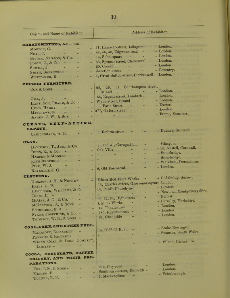 Object, unci Name of Exhibitor. Address of Exhibitor, CHRONOMETERS) &.C.—cont. Morton, G. - Neal, J.- Nicole, Neilson, & Co. - Poole, J., & Co. - Sewill, J.- Smith, Borthwick Whittaker, R. CHURCH FURNITURE. Cox & Sons Gill, J.- Hart, Son, Peard, & Co. - Hems, Harry - Matthews, E. Singer, J. W., & Son CLEATS, SEIF-ACTISTC, SAFETY. Cruickshank, A. B. CLAY. Davidson, T., Jun., & Co. Dunn, R., & Co. - Harper & Mo ores King Brothers - Pike, W.J. - Reynolds, J. G. CLOTHING. Dickson, J. H, & Nephew Pesta, G. P. Hitchcock, Williams, & Co. Jones, P. - McGee, J. G., & Co. McLintock, J., & Sons - SCHREIBER, P. A. - Sykes, Josephine, & Co. - Thomson, W. S., & Sons - COAX., COKE, AND OTHER FUEL. Marriott, Elizabeth Penrose & Richards Wigan Coal & Iron Company, Limited - COCOA, CHOCOLATE, COFFEE, CHICORY, AND THEIR PRE- PARATIONS. Pry, J. S., & Sons - Menier, E. - - Turner, R. P. - 31, Hanover-street, Islington 44, 46, 48, Edgware-road - 14, Soho-square 33, Spencer-street, Clerkenwell 20, Cornhill Junction-street 7, Great Sutton-street, Clerkenwell - London. - London. - London. - London. - London. - Coventry. - London. 28, 29, 31, Southampton-street, Strand - 66, Regent-street, Lambeth - Wych-street, Strand 69, Paris Street 377, Oxford-street - 5, Reform-street 33 and 41, Garngad-hill Oak Villa 9, Old Pord-road London. - London. - London. - Exeter. - London. - Prome, Somerset. Dundee, Scotland. - Glasgow. - St. Austell, Cornwall. - Stourbridge. - Stourbridge. - Wareham, Dorsetshire. - London. Rheea Rod Pibre Works - - Godalming, Surrey 13, Charles-street, Grosvenor-square London. St. Paul's Churchyard 30, 32, 34, High-street Utilitas Works 17, Thavies Inn 280, Regent-street - 97, Cheapside 15, OldfieldRoad - London. - Newtown,Montgomeryshire. - Belfast. - Barnsley, Yorkshire. - London. ■» London. - London. - Stoke Newington. - Swansea, South Wales. - Wigan, Lancashire. 252, City-road Southwark-street, Borough - 7, Market-place - London. . London. - Peterborough.