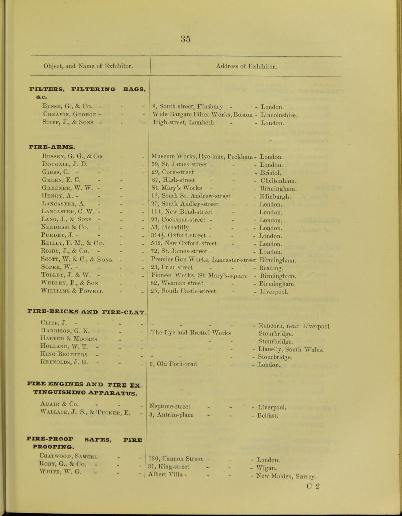 Object, and Name of Exhibitor. Address of Exhibitor. FILTERS, FILTERING- BAGS, &.C. Busse, G., & Co. - Ciieavin, George - Stiff, J., & Sons - FIRE-ARMS. Busset, G. G., & Co. Dougall, J. D. - Gibbs, G.- Green, E. C. - - Greener, W. W. - Henrt, A. - Lancaster, A.- Lancaster, C. W. - - - Lang, J., & Sons - Needham & Co. - PURDET, J. - Reilly, E. M., & Co. BlGBY, J., & CO. ... Scott, W. & C, & Sons - SOPER, W. - TOLLEY, J. & W. - - - Webley, P., & Son Williams & Powell FIRE-BRICKS AMD FIRE-CLAY, Cliff, J. - ' _ Harrison, G. K. - IlARrER & MOORES Holland, W. T. - King Brothers - Reynolds, J. G. - FIRE ENGINES AND FIRE EX- TINGUISHING APPARATUS. Adair & Co. - Wallace, J. S., & Tucker, E. FXRE-PROOF SAFES, FIRE PROOFING. ClIATWOOD, SAMUEL ROBY, G., & CO. - White, W. G. 8, South-street, Finsbury - - London. Wide Bargate Filter Works, Boston - Lincolnshire. High-street, Lambeth - - London. Museum Works, Bye-lane, Peckham- London. 59, St. James-street - - London. 29, Corn-street - Bristol. 87, High-street - Cheltenham. St. Mary's Works - Birmingham. 12, South St. Andrew-street- - Edinburgh. 27, South Audley-street - - London. 151, New Bond-street - -London. 23, Cockspur-street - London. 53, Piccadilly - London. 314J, Oxford-street - - - London. 502, New Oxford-street - - London. 72, St. James-street - London. Premier Gun Works, Lancaster-street Birmingham. 23, Friar-street - Beading. Pioneer Works, St. Mary's-square - Birmingham. 82, Weaman-street - - - Birmingham. 25, South Castle-street - - Liverpool. The Lye and Brettel Works 9, Old Ford-road Runcorn, near Liverpool Stourbridge. Stourbridge, Llanelly, South Wales. Stourbridge. London. Neptune-street 3, Antrim-place - Liverpool. - Belfast. 120, Cannon Street 31, King-street Albert Villa - - London. - Wigan. - New Maiden, Surrey. C 2