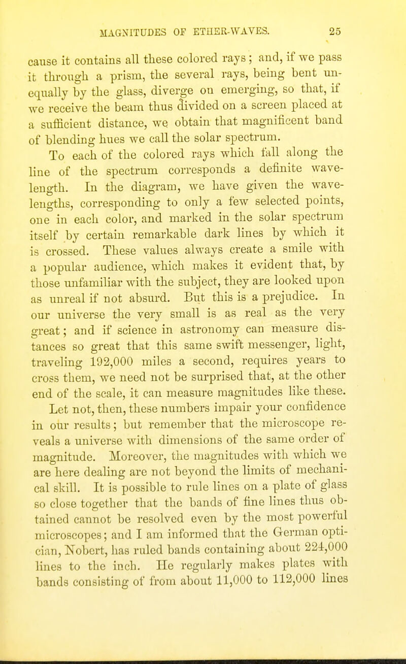 cause it contains all these colored rays; and, if we pass it tln-ougli a prism, the several rays, being bent un- equally by the glass, diverge on emerging, so that, if we receive the beam thus ^vided on a screen placed at a sufficient distance, we obtain that magnificent band of blending hues we call the solar spectrum. To each of the colored rays which fall along the line of the spectrum corresponds a definite wave- length. In the diagram, we have given the wave- lengths, corresponding to only a few selected points, one in each color, and marked in the solar spectrum itself by certain remarkable dark lines by which it is crossed. These values always create a smile with a popular audience, which makes it evident that, by those mifamiliar with the subject, they are looked upon as unreal if not absurd. But this is a prejudice. In our universe the very small is as real as the very great; and if science in astronomy can measure dis- tances so great that this same swift messenger, light, traveling 192,000 miles a second, requires years to cross them, we need not be surprised that, at the other end of the scale, it can measure magnitudes like these. Let not, then, these numbers impair your confidence in oiTr results; but remember that the microscope re- veals a universe with dimensions of the same order of magnitude. Moreover, the magnitudes with which we are here dealing are not beyond the limits of mechani- cal skill. It is possible to rule lines on a plate of glass so close together that the bands of fine lines thus ob- tained cannot be resolved even by the most powerful microscopes; and I am informed that the German opti- cian, Nobert, has ruled bands containing about 221,000 lines to the inch. He regularly makes plates with bands consisting of from about 11,000 to 112,000 Imes