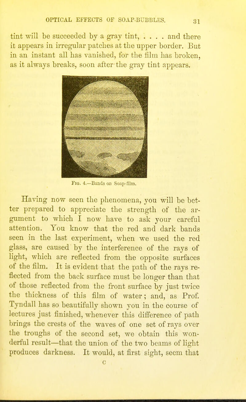 tint will be succeeded by a gray tint, .... and there it appears in irregular patches at the uj^per border. But in an instant all has vanished, for the film has broken, as it always breaks, soon after-the gray tint appears. Fig. 4,—Bands on Soap-film. Having now seen the phenomena, you will be bet- ter prepared to appreciate the strength of the ar- gument to which I now have to ask your careful attention. You know that the red and dark bands seen in the last experiment, when we used the red glass, are caused by the interference of the rays of light, which are reflected from the opposite surfaces of the film. It is evident that the path of the rays re- flected from the back surface must be longer than that of those reflected from the front surface by just twice the thickness of this film of water; and, as Prof. Tyndall has so beautifully shown you in the course of lectures just finished, whenever this difference of path brings the crests of the waves of one set of rays over the troughs of the second set, we obtain this won- derful result—that the union of the two beams of light produces darkness. It would, at first sight, seem that c