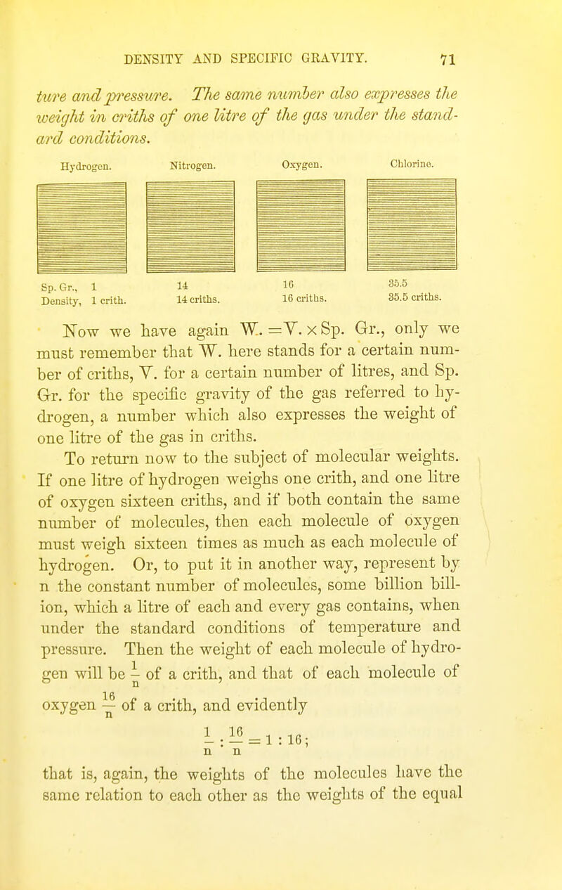 DENSITY AND SPECIFIC GRAVITY. 11 iure and pressure. The same member also expresses the xoeight in cn^iths of one litre of the gas under the stand- ard conditions. Hydrogen. Nitrogen. Oxygen. Chlorine. Sp.Gr., 1 1-4 10 3.7.6 Density, 1 crith. 14 criths. 16 critlis. 35.5 criths. Now we have again W. = Y. x Sp. Gr., only we must remember that W. here stands for a certain num- ber of criths, V. for a certain number of litres, and Sp. Gr. for the specific gravity of the gas referred to hy- drogen, a number which also expresses the weight of one litre of the gas in criths. To return now to the subject of molecular weights. If one litre of hydrogen weighs one crith, and one litre of oxygen sixteen criths, and if both contain the same number of molecules, then each molecule of oxygen must weigh sixteen times as much as each molecule of hydrogen. Or, to put it in another way, represent by n the constant number of molecules, some billion bill- ion, which a litre of each and every gas contains, when imder the standard conditions of temperature and pressure. Then the weight of each molecule of hydro- gen will be - of a crith, and that of each molecule of 16 oxygen — of a crith, and evidently 1.1^ = 1:16; n n that is, again, the weights of the molecules have the same relation to each other as the weights of the equal