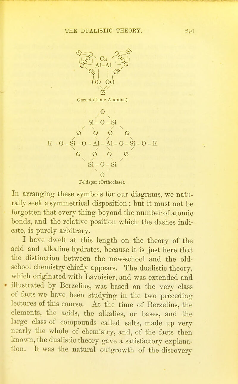 THE DUALISTIC THEORY. o^l I & I I I I 00 00 \\ // GO Garnet (Lime Alumina). 0 Si - 0 - Si / \ / \ o o o o K-0-s1-0-Al-Al-0-Si-0-K O O O Q \ y \ / Si - 0 - Si 0 Feldspar (Orthoclase). In arranging these symbols for our diagrams, we natu- rally seek a symmetrical disposition ; but it must not be forgotten that every thing beyond the number of atomic bonds, and the relative position which the dashes indi- cate, is purely arbitrary. I have dwelt at this length on the theory of the acid and alkaline hydrates, because it is just here that the distinction between the new-school and the old- school chemistry chiefly appears. The dualistic theory, which originated with Lavoisier, and was extended and • illustrated by Berzelius, was based on the very class of facts we have been studying in the two preceding lectures of this course. At the time of Berzelius, the elements, the acids, the alkalies, or bases, and the large class of compounds called salts, made up very nearly the whole of chemistry, and, of the fixcts then known, the dualistic theory gave a satisfactory explana- tion. It was the natural outgrowth of the discovery