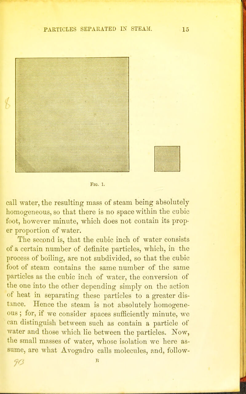 Fio. 1. call water, the resulting mass of steam being absolutely homogeneous, so that there is no space within the cubic foot, however minute, which does not contain its prop- er proportion of water. The second is, that the cubic inch of water consists of a certain number of definite particles, which, in the process of boiling, are not subdivided, so that the cubic foot of steam contains the same number of the same particles as the cubic inch of water, the conversion of the one into the other depending simply on the action of heat in separating these particles to a greater dis- tance. Hence the steam is not absolutely homogene- ous ; for, if we consider spaces sufficiently minute, we can distinguish between such as contain a particle of water and those which lie between the particles. Now, the small masses of water, whose isolation we here as- sume, are what Avogadro calls molecules, and, follow-