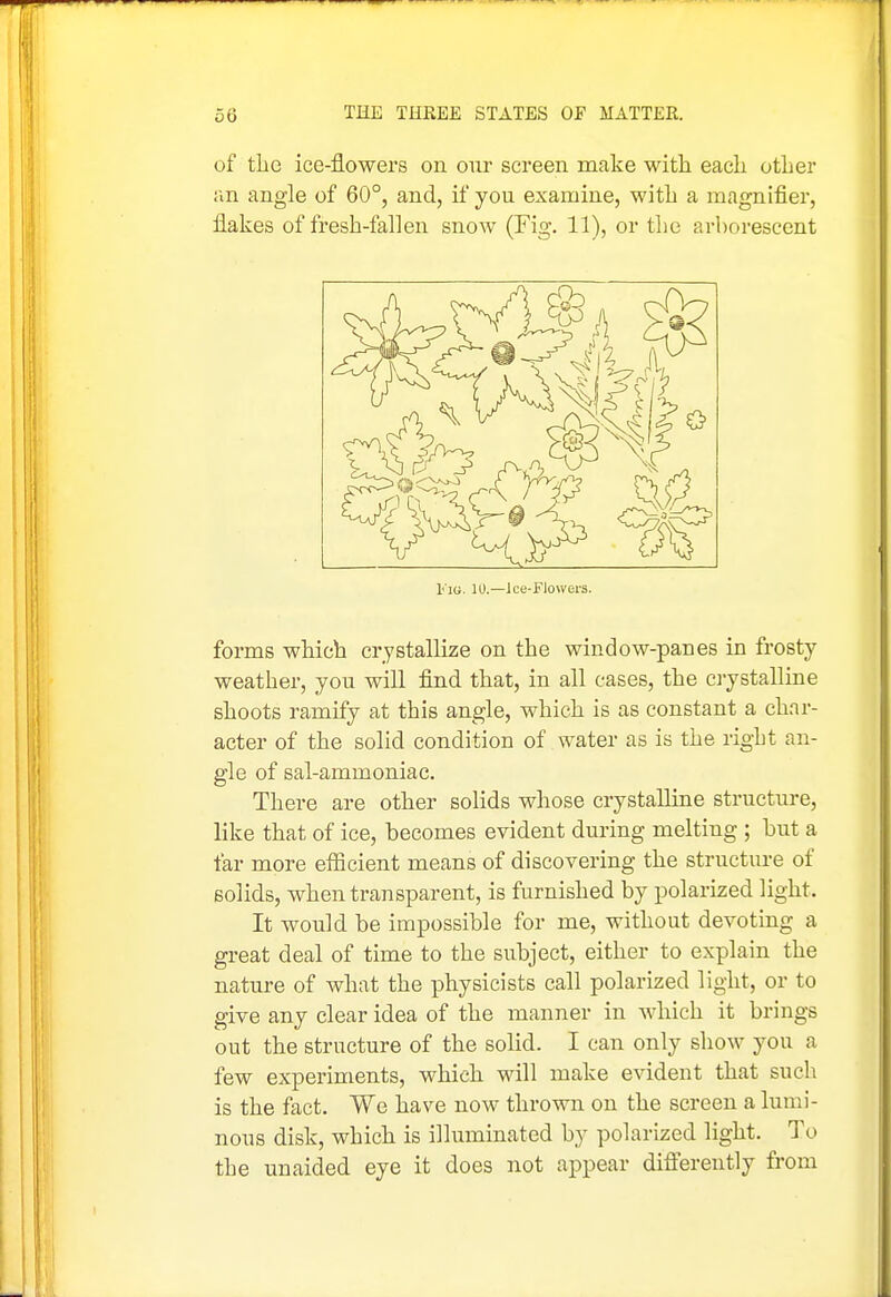 of tlic ice-flowers on oiir screen make with, each other ;m angle of 60°, and, if you examine, with a magnifier, flakes of fresh-fallen snow (Fig. 11), or the arborescent l''io. 10.—Ice-Flowcrs. forms which crystallize on the window-panes in frosty- weather, you will find that, in all cases, the crystalline shoots ramify at this angle, which is as constant a char- acter of the solid condition of water as is the right an- gle of sal-ammoniac. There are other solids whose crystalline structure, like that of ice, becomes evident during melting ; but a far more efiicient means of discovering the structure of solids, when transparent, is furnished by polarized light. It would be impossible for me, without devoting a great deal of time to the subject, either to explain the nature of what the physicists call polarized light, or to give any clear idea of the manner in which it brings out the structure of the solid. I can only show you a few experiments, which will make evident that such is the fact. We have now thrown on the screen a lumi- nous disk, which is illuminated by polarized light. To the unaided eye it does not appear difl'erently from