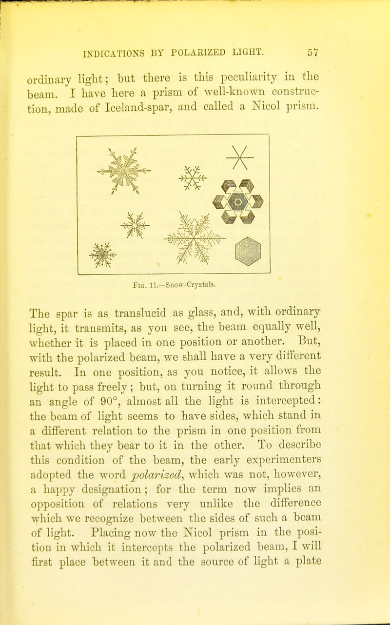 ordinary liglit; but tliere is this peculiarity in tlie beam. I have here a prism of Avell-known construc- tion, made of Iceland-spar, and called a Nicol prism. Fig. 11.—Snow-Crysta!s. The spar is as translucid as glass, and, with ordinary light, it transmits, as you see, the beam equally well, whether it is placed in one position or another. But, with the polarized beam, we shall have a very different result. In one position, as you notice, it allows the light to pass freely ; but, on turning it round through an angle of 90°, almost all the light is intercepted: the beam of light seems to have sides, which stand in a different relation to the prism in one position from that which they bear to it in the other. To describe this condition of the beam, the early experimenters adopted the word pola/rized, which was not, however, a happy designation; for the term now implies an opposition of relations very unlike the difference which wc recognize between the sides of such a beam of light. Placing now the Nicol prism in the posi- tion in which it intercepts the polarized beam, I will first place between it and the source of light a plate