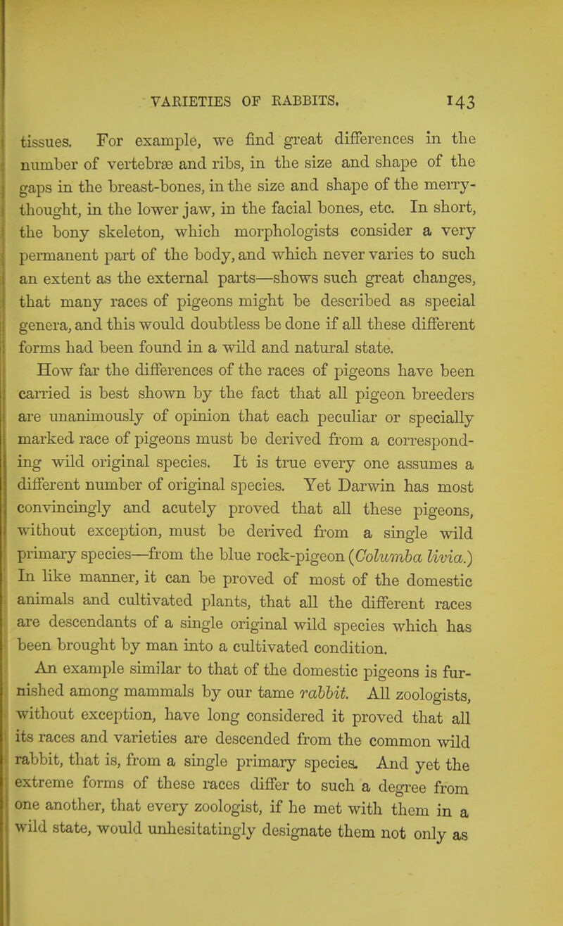 I tissues. For example, we find great difierences in the : number of vertebrae and ribs, in the size and shape of the j gaps in the breast-hones, in the size and shape of the merry- I thought, in the lower jaw, in the facial bones, etc. In short, i the bony skeleton, which morphologists consider a very ; pennanent part of the body, and which never varies to such i an extent as the external parts—shows such great changes, i that many races of pigeons might be described as special !! genera, and this would doubtless be done if all these different ii forms had been found in a wild and natural state. i How far the differences of the races of pigeons have been : carried is best shown by the fact that aU pigeon breeders i are unanimously of opinion that each peculiar or specially marked race of pigeons must be derived from a correspond- ing wild original species. It is true every one assumes a different number of original species. Yet Darwin has most convincingly and acutely proved that all these pigeons, without exception, must be derived from a single wild primary species—from the blue rock-pigeon (Columba livia.) In like manner, it can be proved of most of the domestic animals and cultivated plants, that all the different races are descendants of a single original wild species which has been brought by man into a cultivated condition. An example similar to that of the domestic pigeons is fur- nished among mammals by our tame rabbit AU zoologists, without exception, have long considered it proved that all its races and varieties are descended from the common wild rabbit, that is, from a single primary species. And yet the extreme forms of these races dififer to such a degi-ee from I one another, that every zoologist, if he met with them in a I wild state, would unliesitatingly designate them not only as