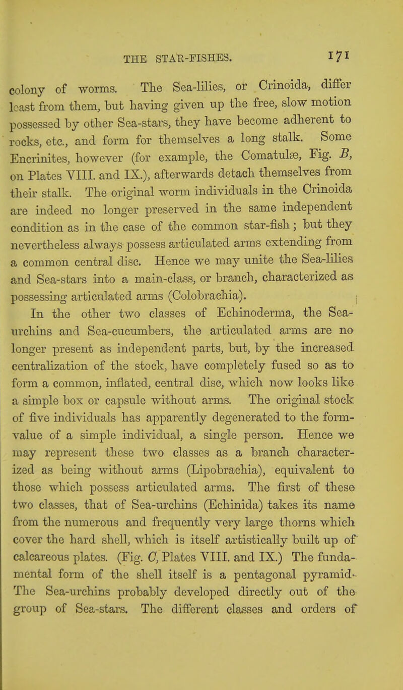 colony of worms. The Sea-lilies, or Crinoicla, difler least from them, but having given up the free, slow motion possessed by other Sea-stars, they have become adherent to rocks, etc., and form for themselves a long stalk. Some Encrinites, however (for example, the Comatulse, Fig. B, on Plates VIII. and IX.), afterwards detach themselves from then.' stalk. The original worm individuals in the Crinoida are indeed no longer preserved in the same independent condition as in the case of the common star-fish; but they nevertheless always possess articulated arms extending from a common central disc. Hence we may unite the Sea-lilies and Sea-stars into a main-class, or branch, characterized as possessing articulated arms (Colobrachia). In the other two classes of Echinoderma, the Sea- urchins and Sea-cucumbers, the articulated arms are no longer present as independent parts, but, by the increased centralization of the stock, have completely fused so as to form a common, inflated, central disc, which now looks like a simple box or capsule without arms. The original stock of five individuals has apparently degenerated to the form- value of a simple individual, a single person. Plence we may represent these two classes as a branch character- ized as being without arms (Lipobrachia), equivalent to those which possess articulated arms. The first of these two classes, that of Sea-urchins (Echinida) takes its name from the numerous and frequently very large thorns which cover the hard shell, which is itself artistically built up of calcareous plates. (Fig. C, Plates VIII. and IX.) The funda- mental form of the shell itself is a pentagonal pyramid- The Sea-urchins probably developed directly out of the group of Sea-stars. The different classes and orders of