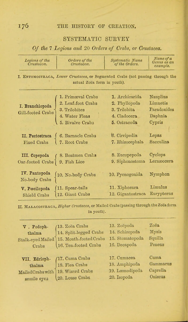 SYSTEMATIC SURVEY Of the 7 Legions and 20 Orders of Grabs, or Crustacea. Legions of the Cmstaccas. Orders of the Crustacecc. Systematic Name of the Orders. Name of a Genus us an example. I. Entomostraca, Lower Crustacea, or Segmented Crabs (not passing through the actual Zoea form in youth). ' 1. Primaeval Crabs 1. Archicarida Nanplius I. Branchiopoda 2. Leaf-foot Crabs 2. Phyllopoda Limnetis 3. Trilobites 3. Trilobita Paradoxides Gill-footed Crabs Daphnia 4. Water Fleas 4. Cladocera i. 5. Bivalve Crab3 5. Ostracoda Cypris i II. Pectostraca 6. Barnacle Crabs 16. Cirripedia Lepas Fixed Crabs 7. Root Crabs 7. Rhizocephala Saccnlina III. Copepoda ' 8. Boatmen Crabs 8. Eucopepoda Cyclops Oar-footed Crabs 9. Fish Lice 9. Siphonostoma Lernseooera IV. Pantopoda 10. No-body Crabs 10. Pycnogonida Nymph on No-body Crabs V. Poecilopoda 11. Spear-tails 11. Xiphosnra Limnlns Shield Crabs 12. Giant Crabs 12. Gigantostraca Eurypterns II. Malacostraca, Higher Crustacea, or Mailed Crabs (passing through the Zoea form in youth; • V . Podoph- (13. Zoea Crabs 13. Zoepoda Zoea thalma 14. Split-legged Crabs 14. Schizopoda Mysis Stalk-eyed Mailed 15. Month-footed Crabs 15. Stomatopoda Sqnilla Crabs 16. Ten-footed Crabs 16. Decapoda Penens VII. Edrioph- (17. Cnma Crabs 17. Cnmacea Cnma thalma 18. Flea Crabs 18. Amphipoda Gammarus MailedCrabswith 19. Wizard Crabs 19. Loomodipoda Caprella sessile eyc3 ^20. Louso Crabs 20. Isopoda Oniscus