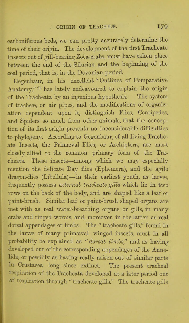 carboniferous beds, we can pretty accurately determine the time of their origin. The development of the first Tracheate Insects out of gill-bearing Zoea-crabs, must have taken place between the end of the Silurian and the beginning of the coal period, that is, in the Devonian period. Gegenbaur, in his excellent “ Outlines of Comparative Anatomy,” 21 has lately endeavoured to explain the origin of the Tracheata by an ingenious hypothesis. The system of tracheae, or air pipes, and the modifications of organiz- ation dependent upon it, distinguish Flies, Centipedes, and Spiders so much from other animals, that the concep- tion of its first origin presents no inconsiderable difficulties to phylogeny. According to Gegenbaur, of all living Trache- ate Insects, the Primaeval Flies, or Archiptera, are most closely allied to the common primary form of the Tra- cheata. These insects—among which we may especially mention the delicate Day flies (Ephemera), and the agile dragon-flies (Libellula)—in their earliest youth, as larvae, frequently possess external tracheate gills which lie in two rows on the back of the body, and are shaped like a leaf or paint-brush. Similar leaf or paint-brush shaped organs are met with as real water-breathing organs or gills, in many crabs and ringed worms, and, moreover, in the latter as real dorsal appendages or limbs. The “ tracheate gills,” found in the larvm of many primseval winged insects, must in all probability be explained as “dorsal limbs” and as having- developed out of the corresponding appendages of the Anne- lida, or possibly as having really arisen out of similar parts in Crustacea long since extinct. The present tracheal respiration of the Tracheata developed at a later period out of respiration through “ tracheate gills.” The tracheate gills