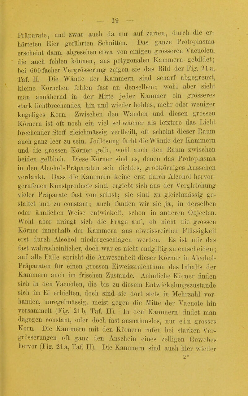 Präparate, und zwar auch da nur auf zarten, durcli die er- liärteteu Eier g'cfiilirten Schnitten. Das ganze Protoplasma erscheint dann, abgeselieu etwa von einigen grösseren Vacuolen, die aucli fehlen können, aus polygonalen Kammern gebildet; bei GOOfacher Vergrössenmg zeigen sie das Bild der Fig. 21a, Taf. II. Die Wände der Kammern sind scliarf abgegrenzt, kleine Körnchen fehlen fast an denselben; wohl aber sieht man annäliernd in der* Mitte jeder Kammer ein grösseres stark lichtbrechendes, hin und wieder hohles, mehr oder weniger kugeliges Korn. Zwischen den Wänden und diesen grossen Körnern ist oft noch ein viel schwächer als letztere das Licht brechender Stoff gleichmässig vertheilt, oft scheint dieser Kaum auch ganz leer zu sein. Jodlösung färbt die Wände der Kammern und die grossen Körner gelb, wohl auch den Kaum zwisclieu beiden gelblich. Diese Körner sind es, denen das Protoplasma in den Aleohol-Präparaten sein dichtes, grobkörniges Aussehen verdankt. Dass die Kammern keine erst durch Aleohol hervor- gerufenen Kuustproducte sind, ergiebt sich aus der Vergleichung vieler Präparate fast von selbst; sie sind zu gleichmässig ge- staltet und zu constant; auch fanden wir sie ja, in derselben oder ähnlichen Weise entwickelt, schon in anderen Objecten. Wohl aber drängt sich die Frage auf, ob nicht die grossen Körner innerlialb der Kammern aus eiweissreicher Flüssigkeit erst durch Aleohol niedergeschlagen werden. Es ist mir das fast wahrscheinlicher, docli war es nicht endgiltig zu entsclieiden; auf alle Fälle spricht die Anwesenlieit dieser Körner in Alcohol- Präparaten für einen grossen Eiweissreichtlium des Inhalts der Kammern auch im frischen Zustande. Aehnliche Körner finden sich in den Vacuolen, die bis zu diesem Entwickelungszustande sich im Ei erhielten, doch sind sie dort stets in Mehrzahl vor- handen, unregelmässig, meist gegen die Mitte der Vacuole hin versammelt (Fig. 21b, Taf. II). In den Kammern findet man dagegen constant, oder doch fast ausnalimslos, nur e i n grosses Korn. Die Kammern mit den Körnern rufen bei starken Ver- grösserungen oft ganz den Anschein eines zelligen Gewebes hervor (Fig. 21a, Taf. II). Die Kammern .sind auch hier wieder 2*