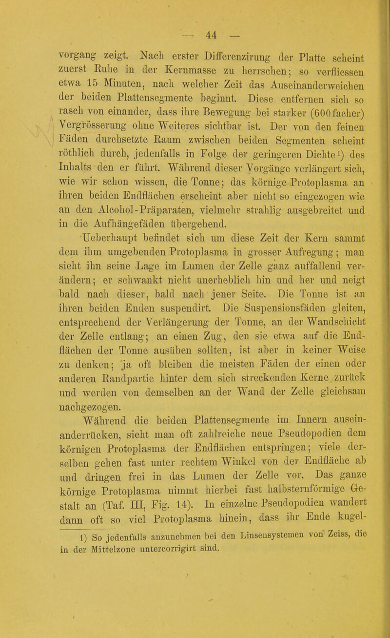 Vorgang zeigt. Nacli erster Differenzirung der Platte scheint zuerst Eulie in der Kernmasse zu lierrsclien; so verfliessen etwa 15 Minuten, nach welcher Zeit das Auseinanderweichen der beiden Plattensegmente beginnt. Diese entfernen sich so rasch von einander, dass ihre Bewegung bei starker (GOOfacher) Vergtösserung ohne Weiteres sichtbar ist. Der von den feinen Fcäden durchsetzte Kaum zwischen beiden Segmenten scheint rüthlich durch, jedenfalls in Folge der geringeren Dichte i) des Inhalts den er führt. Während dieser Vorgänge verlängert sich, wie wir schon wissen, die Tonne; das körnige Protoplasma an ihren beiden Endflächen erscheint aber niclit so eingezogen wie an den Alcohol-Präparaten, vielmehr strahlig ausgebreitet und in die Aufhängefäden übergehend. Ueberhaupt befindet sich um diese Zeit der Kern sammt dem ihm umgebenden Protoplasma in grosser Aufregung; man sieht ihn seine Lage im Lumen der Zelle ganz auffallend ver- ändern; er schwankt niclit unerheblich hin und her und neigt bald nach dieser, bald nach jener Seite. Die Tonne ist an ihren beiden Enden suspendirt. Die Suspensionsfäden gleiten, entsprechend der Verlängerung der Tonne, an der Wandschicht der Zelle entlang; an einen Zug, den sie etwa auf die End- flächen der Tonne ausüben sollten, ist aber in keiner Weise zu denken; ja oft bleiben die meisten Fäden der einen oder anderen ßandpartie hinter dem sich streckenden Kerne zurück und werden von demselben an der Wand der Zelle gleichsam nachgezogen. Während die beiden Plattensegmente im Innern ausein- anderrücken, sieht man oft zahlreiche neue Pseudopodien dem körnigen Protoplasma der Endflächen entspringen; viele der- selben gehen fast unter rechtem Winkel von der Endfläche ab und dringen frei in das Lumen der Zelle vor. Das ganze körnige Protoplasma nimmt hierbei fast halbsternförmige Ge- stalt an (Taf. HI, Fig. 14). In einzelne Pseudopodien wandert dann oft so viel Protoplasma hinein, dass ilir Ende kugel- 1) So jedenfalls anzunehmen bei den Linseusystemen von ZeiBS, die in der Mittelzone untercorrigirt sind.