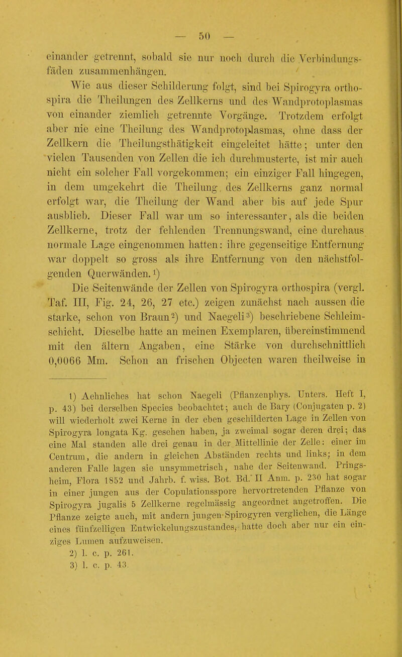 eiiiauder getrennt, sobald sie nur noch durch die Yerbindungs- fäden zusammenhäng-en. Wie aus dieser Scliilderung folgt, sind bei Spirogyra ortho- spira die Theilungen des Zellkerns und des Wandprotoplasmas von einander ziemlicli getrennte Vorgänge. Trotzdem erfolgt aber nie eine Theilung des Wandprotojvlasmas, ohne dass der Zellkern die Theilungsthätigkeit eingeleitet hätte; unter den vielen Tausenden von Zellen die icli durchmusterte, ist mir auch nicht ein solcher Fall vorgekommen; ein einziger Fall hingegen, in dem umgekehrt die Theilung, des Zellkerns ganz normal erfolgt war, die Theilung der Wand aber bis auf jede Spur ausblieb. Dieser Fall war um so interessanter, als die beiden Zellkerne, trotz der fehlenden Trennungswand, eine durchaus normale Lage eingenommen hatten: ihre gegenseitige Entfernung war doppelt so gross als ihre Entfernung von den nächstfol- genden Querwänden.!) Die Seitenwände der Zellen von Spirogyra orthospira (vergl. Taf. in, Fig. 24, 26, 27 etc.) zeigen zunächst nach aussen die starke, schon von Braun2) und Naegeli^) beschriebene Schleim- schicht. Dieselbe hatte an meinen Exemplaren, übereinstimmend mit den altera Angaben, eine Stärke von durchschnittlich 0,0066 Mm. Schon an frisclien Objecten waren theilweise in 1) Aelinliches bat schon Naegeli (Pflanzenphys. Unters. Heft I, p. 43) bei derselben Species beobachtet-, auch de Baiy (Conjngaten p. 2) will wiederholt zwei Kerne in der eben geschilderten Lage in Zellen von Spirogyra longata Kg. gesehen haben, ja zweimal sogar deren drei; das eine Mal standen alle drei genau in der Mittellinie der Zelle: einer im Centnim, die andern in gleichen Abständen rechts und links; in dem anderen Falle lagen sie unsymmetrisch, nahe der Seitenwand. Prings- heira, Flora 1852 und Jahrb. f. wiss. Bot. Bd.'II Anm. p. 230 hat sogar in einer jungen aus der Copulationsspore hervortretenden Pflanze von Spirogyra jugalis 5 Zellkerne regelmässig angeordnet angetroffen. Die Pflanze zeigte auch, mit andern jimgen Spirogyren verglichen, die Länge eines tiinfzcUigen Entwickelungszustandes, hatte doch aber nur ein ein- ziges Lumen aufzuweisen. 2) 1. c. p. 261. 3) 1. c. p. 43.