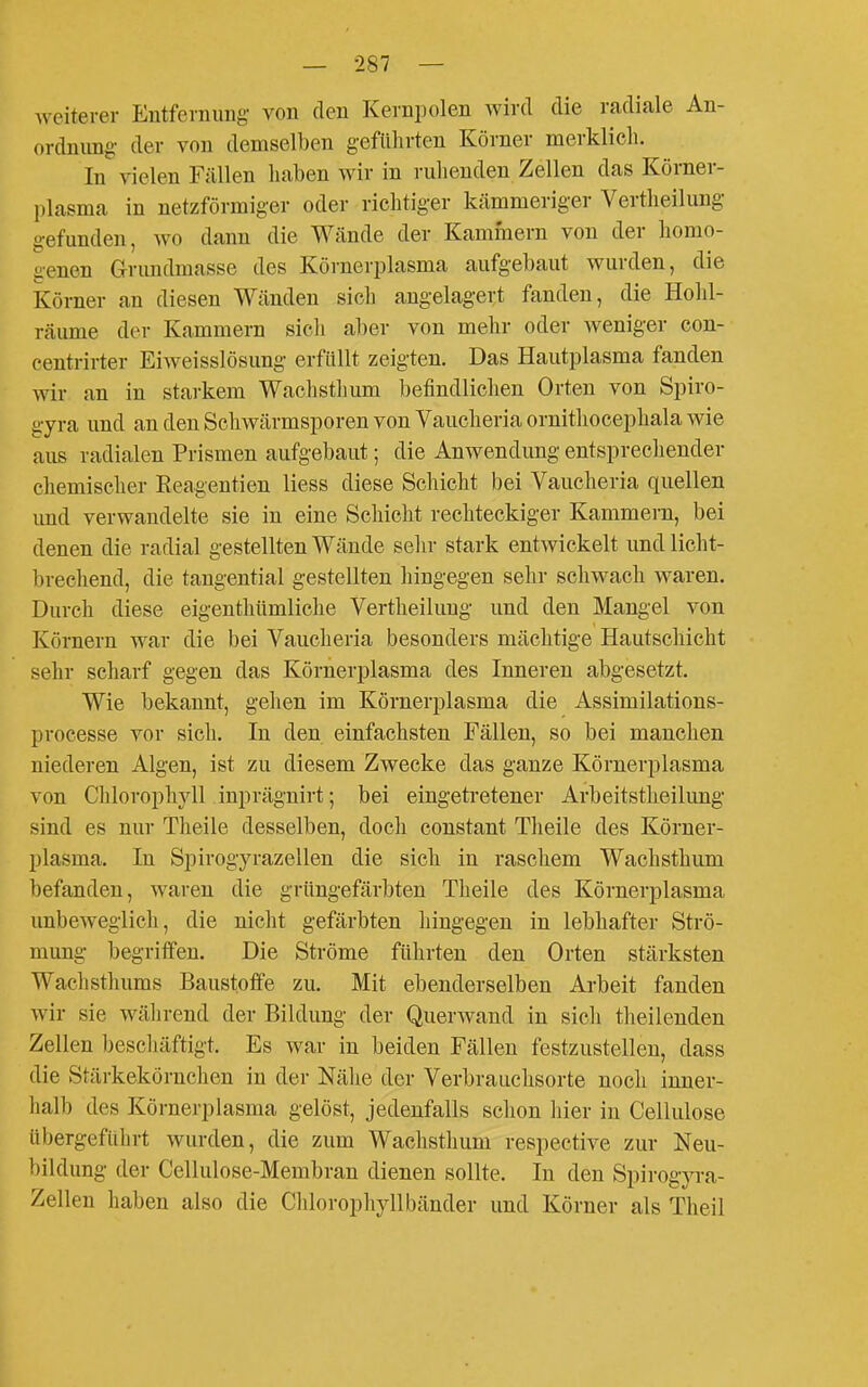 weiterer Entfernung- von den Kernpolen wird die radiale An- ordnung- der von demselben geführten Körner merklich. In vielen Fällen haben wir in ruhenden Zellen das Körner- plasma in netzförmiger oder richtiger kämmeriger Vertheilung gefunden, wo dann die Wände der Kammern von der homo- genen Grimdmasse des Körnerplasma aufgebaut wurden, die Könier an diesen Wänden sich angelagert fanden, die Hohl- räume der Kammern sicli aber von mehr oder weniger con- centrirter Eiweisslösung erfüllt zeigten. Das Hautplasma fanden wir an in starkem Wachsthum befindliehen Orten von Spiro- gyra und an den Schwärmsporen von Vaucheria ornitliocephala wie aus radialen Prismen aufgebaut; die Anwendung entsprechender chemischer Eeagentien Hess diese Schicht bei Vaucheria quellen und verwandelte sie in eine Schicht rechteckiger Kammern, bei denen die radial gestellten Wände sehr stark entwickelt und licht- brechend, die tangential gestellten hingegen sehr schwach waren. Durch diese eigenthümliche Vertheilung- und den Mangel von Körnern war die bei Vaucheria besonders mächtige Hautschicht sehr scharf gegen das Körnerplasma des Inneren abgesetzt. Wie bekannt, gehen im Körnerplasma die Assimilations- processe vor sich. In den einfachsten Fällen, so bei manchen niederen Algen, ist zu diesem Zwecke das ganze Körnerplasma von Chlorophyll inprägnirt; bei eingetretener Arbeitstheilung- sind es nur Theile desselben, doch constant Tlieile des Körner- plasma. In Spirogyrazellen die sich in raschem Wachsthum befanden, waren die grüngefärbten Theile des Körnerplasma unbeweglich, die nicht gefärbten hingegen in lebhafter Strö- mung begriffen. Die Ströme führten den Orten stärksten Wachsthums Baustoffe zu. Mit ebenderselben Arbeit fanden wir sie während der Bildung der Querwand in sich tlieilenden Zellen beschäftigt. Es war in beiden Fällen festzustellen, dass die Stärkekörnchen in der Nälie der Verbrauchsorte noch inner- halb des Körnerplasma gelöst, jedenfalls schon hier in Cellulose übergeführt wurden, die zum Wachsthum respective zur Neu- bildung der Cellulose-Membran dienen sollte. In den Spirog}Ta- Zellen haben also die Clilorophyllbänder und Körner als Theil