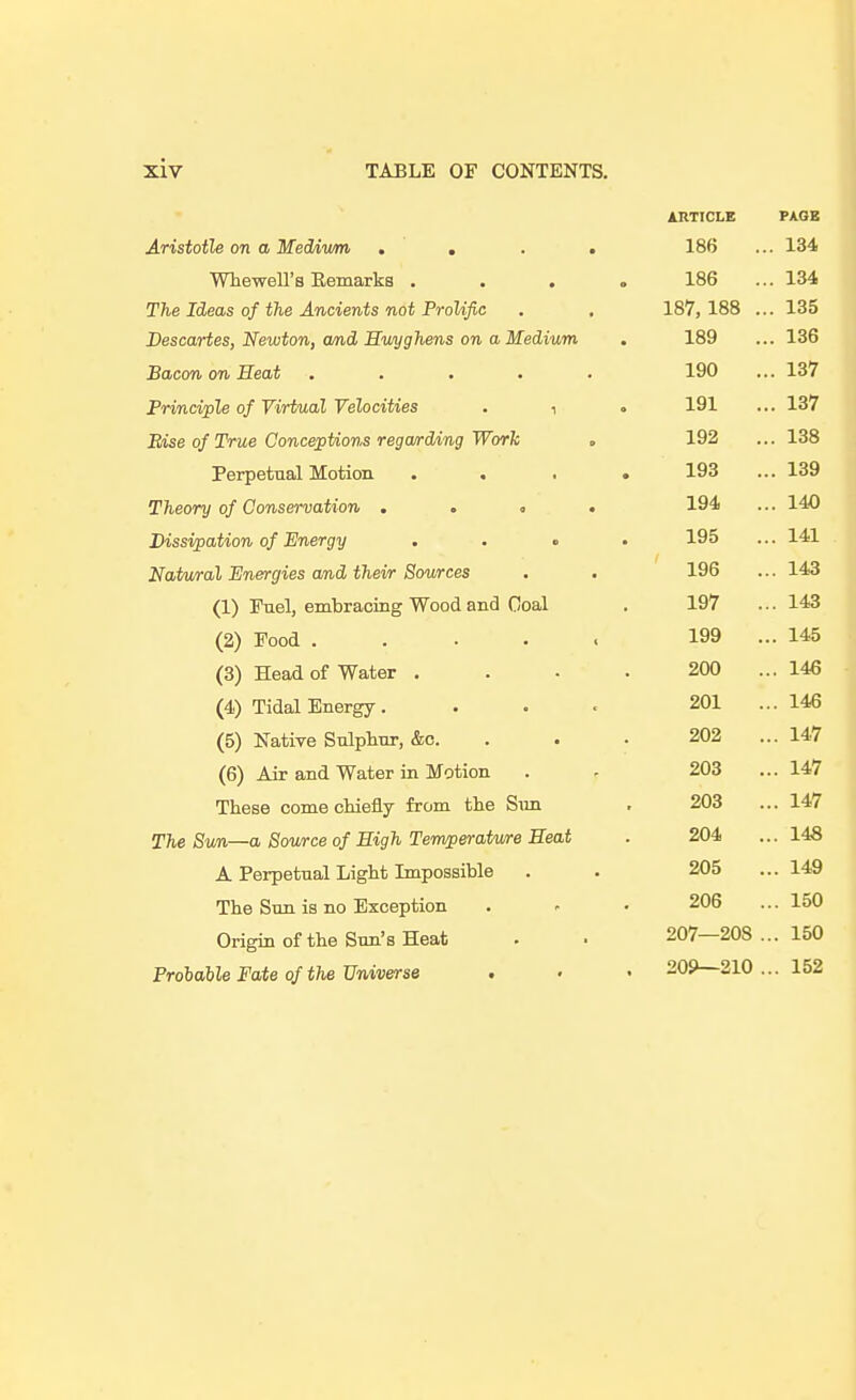 ARTICLE PAGE Aristotle on a Mediwn . . . . 186 ... 134 Wtewell's Eemarks . . . . 186 ... 134 The Ideas of the Ancients not Prolific . , 187,188 ... 135 Descartes, Newton, <md Hv/yghens on a Medium . 189 ... 136 Bacon on Heat ..... 190 ... 137 Principle of Virtual Velocities . i . 191 ... 137 Eise of True Conceptions regajrding Work , 192 ... 138 Perpetual Motion. . . • • 193 ... 139 Theory of Conservation . . < . 194 ... 140 Dissipation of Energy . . » . 195 ... 141 Natural Energies and their Sources . . 196 ... 143 (1) Fuel, embracing Wood and Goal . 197 ...143 (2) Food ..... 199 ... 145 (3) Head of Water . . • . 200 ... 146 (4) Tidal Energy. . . . 201 ... 146 (5) Native Sulphur, &c. ... 202 ...147 (6) Air and Water in Motion . - 203 ...147 Tliese comecliiefly from the Sim . 203 ... 147 The Sun—a Sowce of Sigh Temperature Heat . 204 ... 148 A Perpetual Light Impossible . . 205 ...149 The Sun is no Exception . - • 206 ... 150 Origin of the Sun's Heat . . 207—208 ... 150 Probable Fate of the Universe . . • 209—210 ... 152