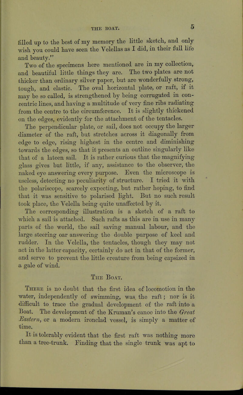 THE BOAT. filled up to the best of my memory the little sketch, and only wish you could have seen the Yelellas as I did, in their full life and beauty. Two of the specimens here mentioned are in my collection, and beautiful little things they are. The two plates are not thicker than ordinary silver paper, but are wonderfully strong, tough, and elastic. The oval horizontal plate, or raft, if it may be so called, is strengthened by being corrugated in con- ientric lines, and having a multitude of very fine ribs radiating from the centre to the circumference. It is slightly thickened on the edges, evidently for the attachment of the tentacles. The perpendicular plate, or sail, does not occupy the larger diameter of the raft, but stretches across it diagonally from edge to edge, rising highest in the centre and diminishing towards the edges, so that it presents an outline singularly like that of a lateen sail. It is rather curious that the magnifying glass gives but little, if any, assistance to the observer, the naked eye answering every purpose. Even the microscope is useless, detecting no peculiarity of structure. I tried it with the polariscope, scarcely expecting, but rather hoping, to find that it was sensitive to polarised light. But no such result took place, the Yelella being quite unaffected by it. The corresponding illustration is a sketch of a raft to which a sail is attached. Such rafts as this are in use in many parts of the world, the sail saving manual labour, and the large steering oar answering the double purpose of keel and rudder. In the Velella, the tentacles, though they may not act in the latter capacity, certainly do act in that of the former, and serve to prevent the little creature from being capsized in a gale of wind. The Boat. Theee is no doubt that the first idea of locomotion in the water, independently of swimming, was. the raft; nor is it difficult to trace the gradual development of the raft into a Boat. The development of the Kruman's canoe into the Great Eastern, or a modern ironclad vessel, is simply a matter of time. It is tolerably evident that the first raft was nothing more than a tree-trunk. Finding that the single trunk was apt to