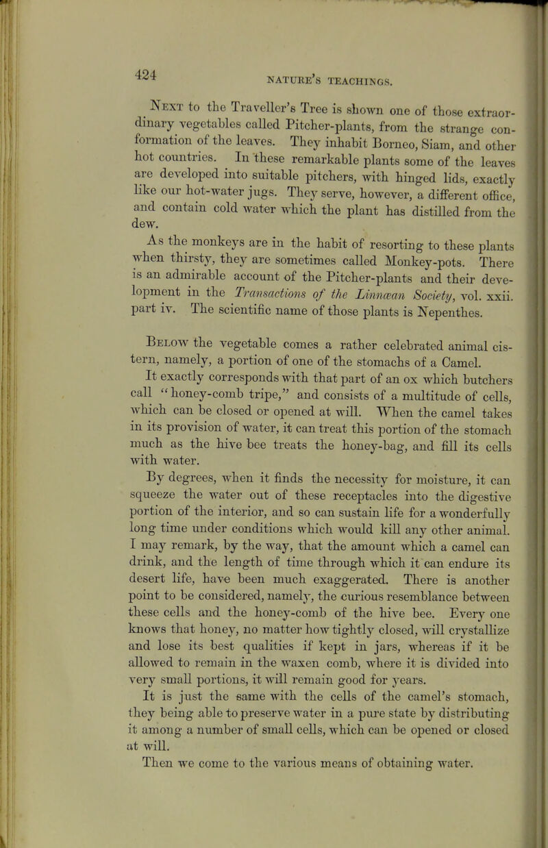 _ Next to the Traveller's Tree is shown one of those extraor- dinary vegetables caUed Pitcher-plants, from the strange con- formation of the leaves. They inhabit Borneo, Siam, and other hot countries. In these remarkable plants some of the leaves are developed into suitable pitchers, with hinged lids, exactly Hke our hot-water jugs. They serve, however, a different office, and contain cold water which the plant has distilled from the dew. As the monkeys are in the habit of resorting to these plants when thirsty, they are sometimes called Monkey-pots. There is an admirable account of the Pitcher-plants and their deve- lopment in the Transactions of the Linncean Society, vol. xxii. part iv. The scientific name of those plants is Nepenthes. Below the vegetable comes a rather celebrated animal cis- tern, namely, a portion of one of the stomachs of a Camel. It exactly corresponds with that part of an ox which butchers call ''honey-comb tripe, and consists of a multitude of cells, which can be closed or opened at will. When the camel takes in its provision of water, it can treat this portion of the stomach much as the hive bee treats the honey-bag, and fill its cells with water. By degrees, when it finds the necessity for moisture, it can squeeze the water out of these receptacles into the digestive portion of the interior, and so can sustain life for a wonderfully long time under conditions which would kill any other animal. I may remark, by the way, that the amount which a camel can drink, and the length of time through which it can endure its desert life, hav« been much exaggerated. There is another point to be considered, namely, the curious resemblance between these cells and the honey-comb of the hive bee. Every one laiows that honey, no matter how tightly closed, will crystallize and lose its best qualities if kept in jars, whereas if it be allowed to remain in the waxen comb, where it is divided into very small portions, it will remain good for years. It is just the same with the cells of the camel's stomach, they being able to preserve water in a pure state by distributing it among a number of small cells, which can be opened or closed ut will. Then we come to the various means of obtaining water.