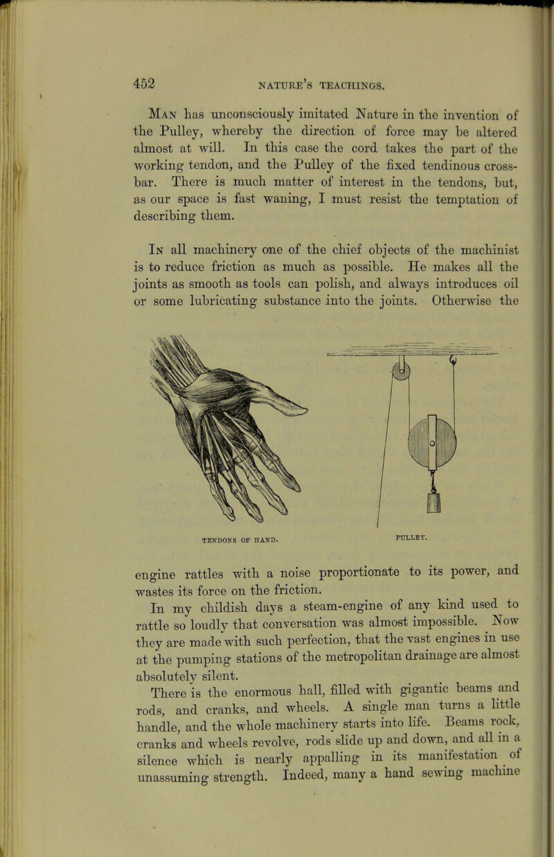 Man has unconsciously imitated Nature in the invention of the Pulley, whereby the direction of force may be altered almost at will. In this case the cord takes the part of the working tendon, and the Pulley of the fixed tendinous cross- bar. There is much matter of interest in the tendons, but, as our space is fast waning, I must resist the temptation of describing them. In all machinery one of the chief objects of the machinist is to reduce friction as much as possible. He makes all the joints as smooth as tools can polish, and always introduces oil or some lubricating substance into the joiats. Otherwise the TBNDONS OP HAND. engine rattles with a noise proportionate to its power, and wastes its force on the friction. In my childish days a steam-engine of any kind used to rattle so loudly that conversation was almost impossible. Now they are made with such perfection, that the vast engines in use at the pumping stations of the metropolitan drainage are almost absolutely silent. There is the enormous hall, filled with gigantic beams and rods, and cranks, and wheels. A single man turns a little handle, and the whole machinery starts into life. Beams rock, cranks and wheels revolve, rods slide up and down, and all in a silence which is nearly appalling in its manifestation _ of unassuming strength. Indeed, many a hand sewing machme