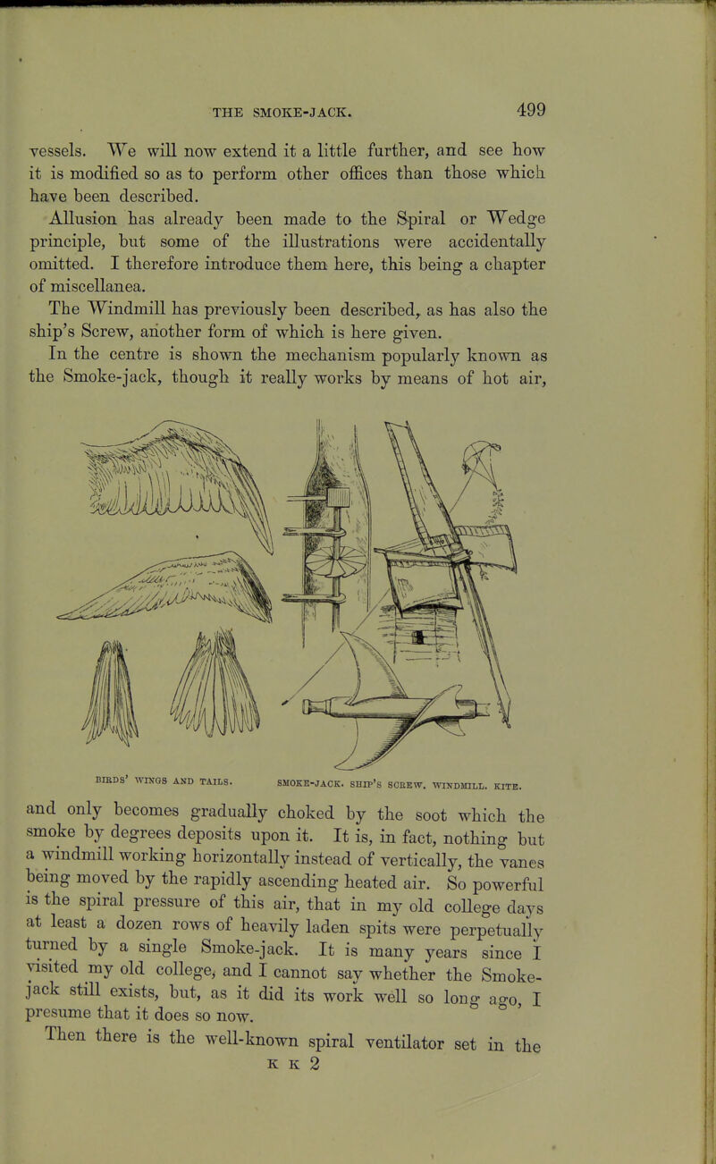 vessels. We will now extend it a little further, and see how it is modified so as to perform other offices than those which have been described. Allusion has already been made to the Spiral or Wedge principle, but some of the illustrations were accidentally omitted. I therefore introduce them here, this being a chapter of miscellanea. The Windmill has previously been described, as has also the ship's Screw, another form of which is here given. In the centre is shown the mechanism popularly known as the Smoke-jack, though it really works by means of hot air. BIRDS' WINGS AND TAILS. SMOKE-JACK, ship's SCREW. WINDMILL. KITE. and only becomes gradually choked by the soot which the smoke by degrees deposits upon it. It is, in fact, nothing but a windmill working horizontally instead of vertically, the vanes being moved by the rapidly ascending heated air. So powerful 18 the spiral pressure of this air, that in my old college days at least a dozen rows of heavily laden spits were perpetually turned by a single Smoke-jack. It is many years since I visited my old college, and I cannot say whether the Smoke- jack stm exists, but, as it did its work well so long ao-o, I presume that it does so now. ^ Then there is the well-known spiral ventilator set in the K K 2