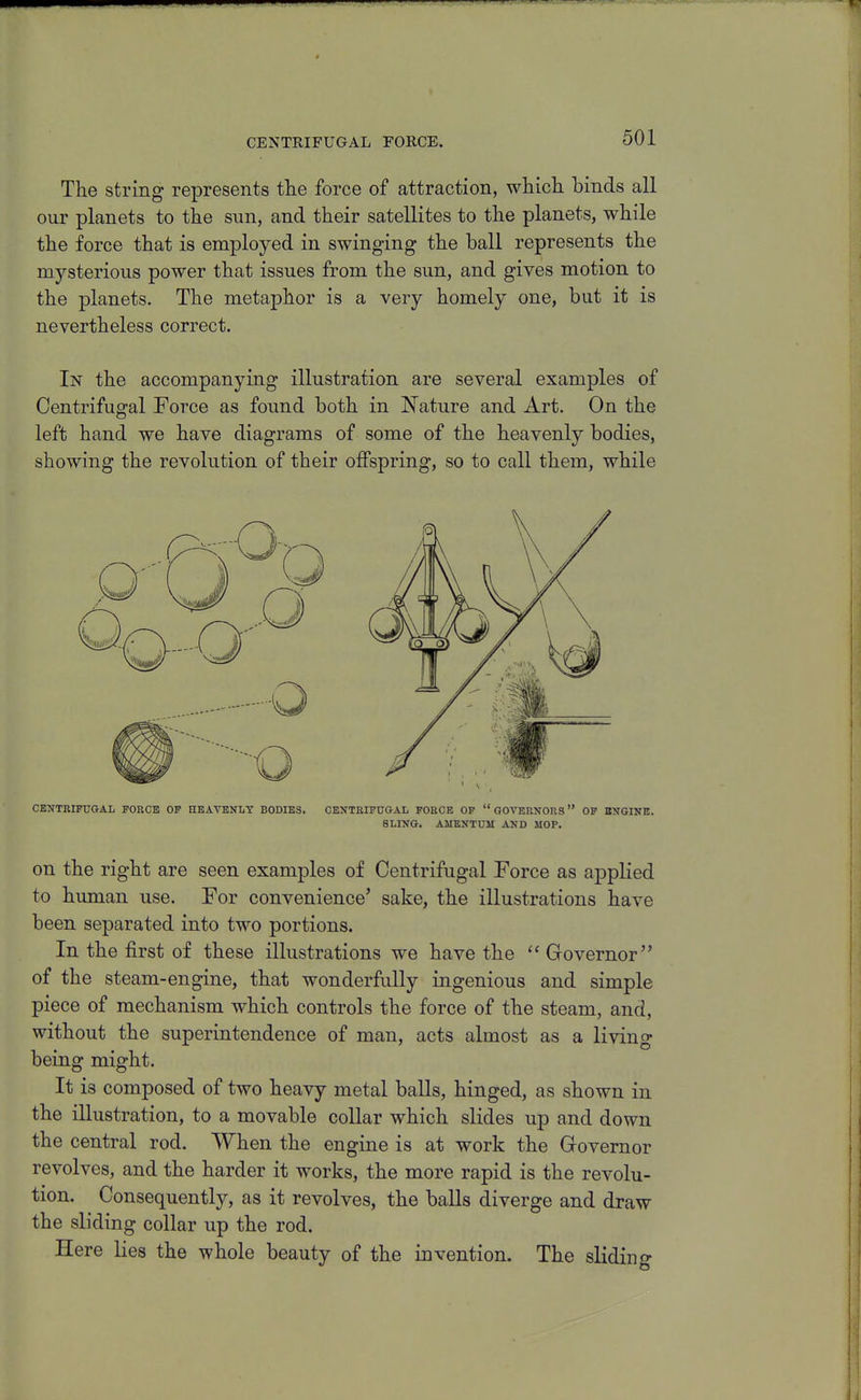 CENTRIFUGAL FORCE. The string represents the force of attraction, which hinds all our planets to the sun, and their satellites to the planets, while the force that is employed in swinging the ball represents the mysterious power that issues from the sun, and gives motion to the planets. The metaphor is a very homely one, but it is nevertheless correct. In the accompanying illustration are several examples of Centrifugal Force as found both in Nature and Art. On the left hand we have diagrams of some of the heavenly bodies, showing the revolution of their offspring, so to call them, while CENTRIFUGAL FORCE OF HEAVENLY BODIES. OEXTRIFUOAL FORCE OP gOVERXORS OP BITGINE. SLISfG. AMENTUM AND MOP. on the right are seen examples of Centrifugal Force as applied to human use. For convenience' sake, the illustrations have been separated into two portions. In the first of these illustrations we have the ''Governor of the steam-engine, that wonderfully ingenious and simple piece of mechanism which controls the force of the steam, and, without the superintendence of man, acts almost as a living being might. It is composed of two heavy metal balls, hinged, as shown in the illustration, to a movable coUar which slides up and down the central rod. When the engine is at work the Governor revolves, and the harder it works, the more rapid is the revolu- tion. Consequently, as it revolves, the balls diverge and draw the sliding collar up the rod. Here lies the whole beauty of the invention. The slidino-