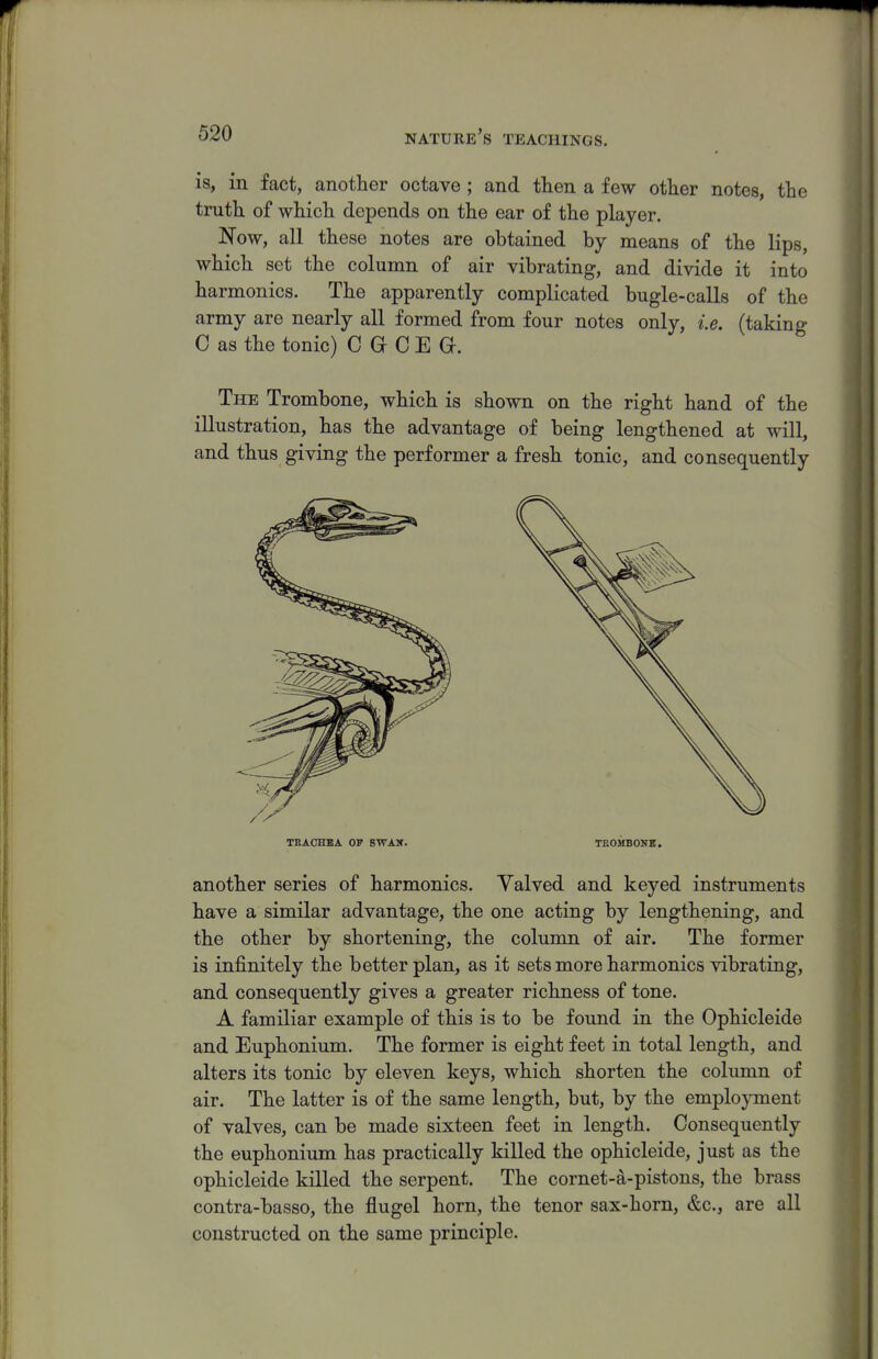 is, in fact, another octave ; and then a few other notes, the truth of which depends on the ear of the player. Now, all these notes are obtained by means of the lips, which set the column of air vibrating, and divide it into harmonics. The apparently complicated bugle-calls of the army are nearly all formed from four notes only, i.e. (taking C as the tonic) C G C E Gf. The Trombone, which is shown on the right hand of the illustration, has the advantage of being lengthened at will, and thus giving the performer a fresh tonic, and consequently TBACHBA OP SWAW. another series of harmonics. Yalved and keyed instruments have a similar advantage, the one acting by lengthening, and the other by shortening, the column of air. The former is infinitely the better plan, as it sets more harmonics vibrating, and consequently gives a greater richness of tone. A familiar example of this is to be found in the Ophicleide and Euphonium. The former is eight feet in total length, and alters its tonic by eleven keys, which shorten the column of air. The latter is of the same length, but, by the emplojnnent of valves, can be made sixteen feet in length. Consequently the euphonium has practically killed the ophicleide, just as the ophicleide killed the serpent. The cornet-a-pistons, the brass contra-basso, the flugel horn, the tenor sax-horn, &c., are all constructed on the same principle.