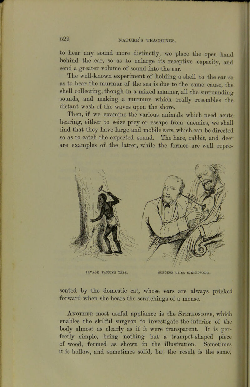 to liear any sound more distinctly, wo place the open hand behind the ear, so as to enlarge its receptive capacity, and send a greater volume of sound into the ear. The well-known experiment of holding a shell to the ear so as to hear the murmur of the sea is due to the same cause, the shell collecting, though in a mixed manner, all the surrounding sounds, and making a murmur which really resembles the distant wash of the waves upon the shore. Then, if we examine the various animals which need acute hearing, either to seize prey or escape from enemies, we shall find that they have large and mobile ears, which can be directed so as to catch the expected sound. The hare, rabbit, and deer are examples of the latter, while the former are well repre- sented by the domestic cat, whose ears are always pricked forward when she hears the scratchings of a mouse. Another most useful appliance is the Stethoscope, which enables the skilful surgeon to investigate the interior of the body almost as clearly as if it were transparent. It is per- fectly simple, being nothing but a trumpet-shaped piece of wood, formed as shown in the illustration. Sometimes it is hollow, and sometimes solid, but the result is the same,