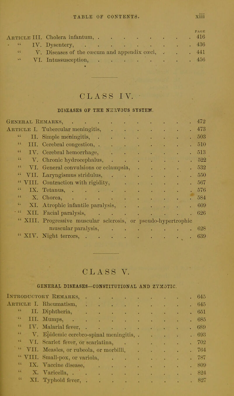PAGE Article III. Cholera infantum, 416 * “ IY. Dysentery, . . . 436 “ V. Diseases of the coecum and appendix coeci, .• . . 441 “ YI. Intussusception, 456 CLASS IY. • DISEASES OF THE NERVOUS SYSTEM. G-exeral Remarks, 472 Article I. Tubercular meningitis, ....... 473 u II. Simple meningitis, ........ 503 “ III. Cerebral congestion, ... ..... 510 “ IY. Cerebral hemorrhage, 513 “ Y. Chronic hydrocephalus, . 522 “ YI. General convulsions or eclampsia, ..... 532 “ YII. Laryngismus stridulus, 550 “ YIII. Contraction with rigidity, 567 “ IX. Tetanus, 576 “ X. Chorea, 584 “ XI. Atrophic infantile paralysis, 609 * “ XII. Facial paralysis, 626 “ XIII. Progressive muscular sclerosis, or pseudo-hypertrophic muscular paralysis, 628 “ XIY. Night terrors, . . 639 CLASS V. GENERAL DISEASES—CONSTITUTIONAL AND ZYMOTIC. Introductory Remarks, 645 Article I. Rheumatism, 645 “ II. Diphtheria, 651 “ III. Mumps, 685 “ IY. Malarial fever, 689 Y. Epidemic cerebro-spinal meningitis, ..... 693 YI. Scarlet fever, or scarlatina, 702 “ YII. Measles, or rubeola, or morbilli, 764 “ YIII. Small-pox, or variola, 787 “ IX. Yaccine disease, 809 X. Yaricella, 824 “ XI. Typhoid fever, 827