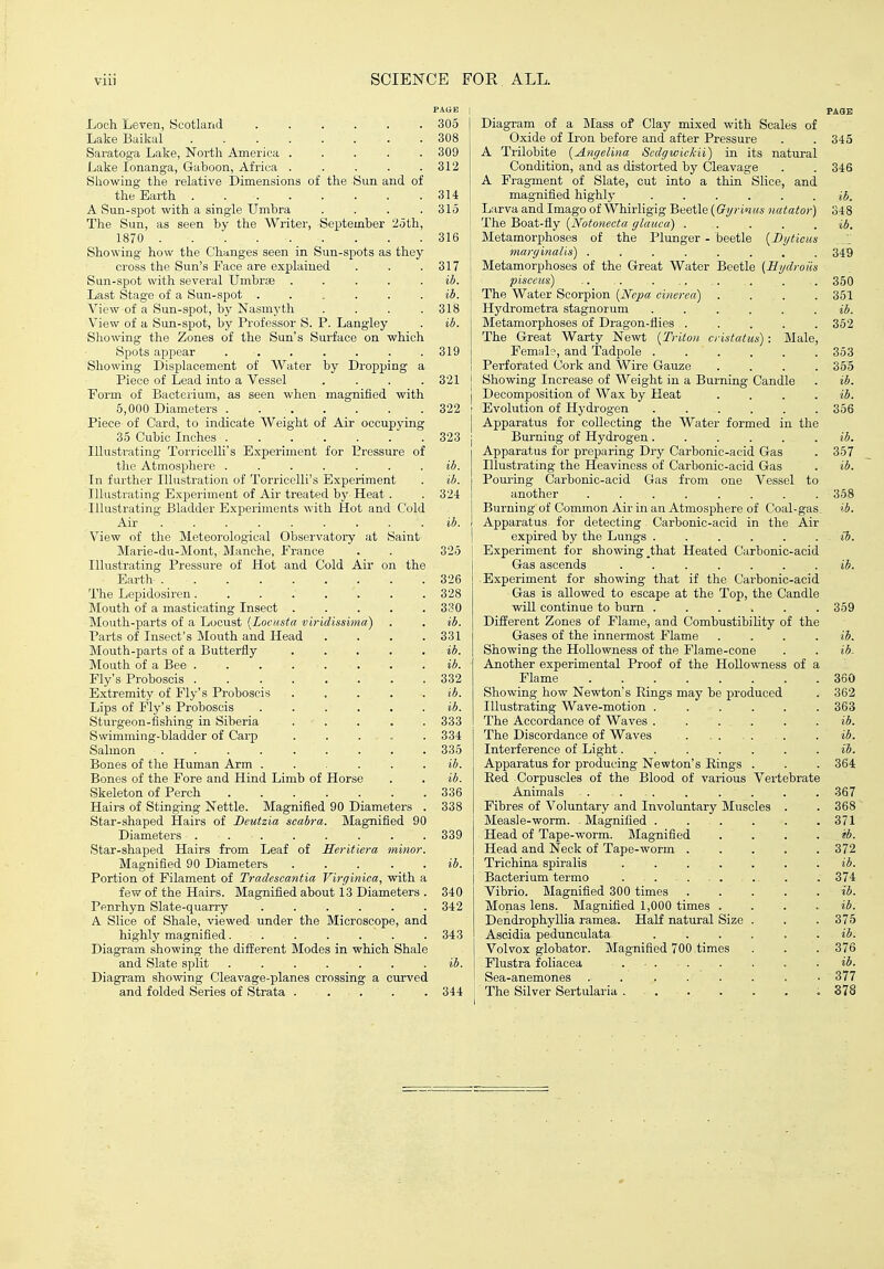 PAUE Loch Leven, Scotland . . . . . . 305 Lake Baikal 308 Saratoga Lake, North America ..... 309 Lake lonanga, Gaboon, Africa . . . . .312 Showing the relative Dimensions of the Sun and of the Earth 314 A Sun-spot with a single Umbra . . . .315 The Sun, as seen by the Writer, September 25th, 1870 316 Showing how the Changes seen in Sun-spots as they cross the Sun's Face are explained . . .317 Sun-spot with several Umbrae . . . . . ib. Last Stage of a Sun-spot ...... ib. View of a Sun-spot, by Nasmyth . . . .318 View of a Sun-spot, by Professor S. P. Langley . ib. Shelving the Zones of the Sun's Surface on which Spots appear . . . . . . .319 Showing Displacement of Water by Dropping a Piece of Lead into a Vessel . . . .321 Form of Bacterium, as seen when magnified with 5,000 Diameters 322 Piece of Card, to indicate Weight of Air occupying 35 Cubic Inches 323 Illustrating Torricelli's Experiment for Pressure of the Atmosphere ....... ib. In further Illustration of Torricelli's Experiment . ib. Illustrating Experiment of Air treated by Heat . . 324 Illustrating Bladder Experiments with Hot and Cold Air ib. View of the Meteorological Observatory at Saint Marie-du-Mont, iManche, France . . 325 Illustrating Pressure of Hot and Cold Air on the Earth 326 The Lepidosiren 328 IMouth of a masticating Insect ..... 330 ]\Iouth-parts of a Locust [Locnsta vi?'idissima) . . ib. Parts of Insect's Mouth and Head .... 331 Mouth-parts of a Butterfl.y ib. Mouth of a Bee . . ib. Fly's Proboscis 332 Extremity of Fly's Proboscis ib. Lips of Fly's Proboscis ib. Sturgeon-fishing in Siberia ..... 333 Swimming-bladder of Carp . . . . . 334 Salmon 335 Bones of the Human Arm ...... ib. Bones of the Fore and Hind Limb of Horse . . ib. Skeleton of Perch 336 Hairs of Stinging Nettle. Magnified 90 Diameters . 338 Star-shaped Hairs of Deutzia scabra. Magnified 90 Diameters ........ 339 Star-shaped Hairs from Leaf of Heritiera minor. Magnified 90 Diameters ... . . ib. Portion of Filament of Tradescantia Virginica, with a few of the Hairs. Magnified about 13 Diameters . 340 Penrhyn Slate-quarry 342 A Slice of Shale, viewed under the Microscope, and highly magnified. ...... 343 Diagram showing the different Modes in which Shale and Slate split ....... ib. Diagram showing Cleavage-planes crossing a curved and folded Series of Strata ... . . 344 I PAQE Diagram of a Mass of Clay mixed with Scales of Oxide of Iron before and after Pressure . .345 A Trilobite [Angelina Sedgwickii) in its natural Condition, and as distorted by Cleavage . . 346 A Fragment of Slate, cut into a thin Slice, and magnified highly ib. i Larva and Imago of Whirligig Beetle ((?y/-OT((SM«i;«io)-) 348 The Boat-fly [Notonecta glauca) . . . . . ib. Metamorphoses of the Plunger - beetle {Dgticiis Z 1 marginalis) ........ 349 j Metamorphoses of the Great Water Beetle (Hgdroiis pisceus) .. . . . . 350 The Water Scorpion {Nepa cineren) .... 351 i Hydrometra stagnorum ...... ib. Metamorphoses of Dragon-flies ..... 352 The Great Warty Newt {Triton cristatus) : Male, Femal, and 'Tadpole 353 Perforated Cork and Wire Gauze .... 355 j Showing Increase of Weight in a Burning Candle . ib. i Decomposition of Wax by Heat . . . . ib. ! Evolution of Hydrogen 356 I Apparatus for collecting the Water formed in the I Burning of Hydrogen...... ib. I Apparatus for preparing Dry Carbonic-acid Gas . 357 Illustrating the Heaviness of Carbonic-acid Gas . ib. j Pouring Carbonic-acid Gas from one Vessel to I another 358 j Burning of Common Air in an Atmosphere of Coal-gas_ ib. I Apparatus for detecting Carbonic-acid in the Air I expired by the Lungs iJ. I Experiment for showing ^that Heated Carbonic-acid Gas ascends ....... ib. Experiment for showing that if the Carbonic-acid Gas is allowed to escape at the Top, the Candle will continue to burn ...... 359 Difilerent Zones of Flame, and Combustibility of the Gases of the innermost Flame . . . . ib. Showing the HoUowness of the Flame-cone . . ib. Another experimental Proof of the HoUowness of a Flame 360 Showing how Newton's Rings may be produced . 362 Illustrating Wave-motion ...... 363 The Accordance of Waves ...... ib. The Discordance of Waves . ib. Interference of Light....... ib. Apparatus for producing Newton's Rings . . . 364 Red Corpuscles of the Blood of various Vertebrate Animals 367 Fibres of Voluntary and Involuntary Muscles . . 368 Measle-worm. Magnified ...... 371 Head of Tape-worm. Magnified . . . . Head and Neck of Tape-worm 372 Trichina spiralis ib. Bacterium termo . . ... . . 374 Vibrio. Magnified 300 times ib. Monas lens. Magnified 1,000 times ..... ib. Dendrophyllia ramea. Half natural Size . . . 375 Aseidia pedunculata . . . . . . ib. Volvox globator. Magnified 700 times . . . 376 Flustra foliacea ib. Sea-anemones ........ 377 j The Silver Sertularia . - .878