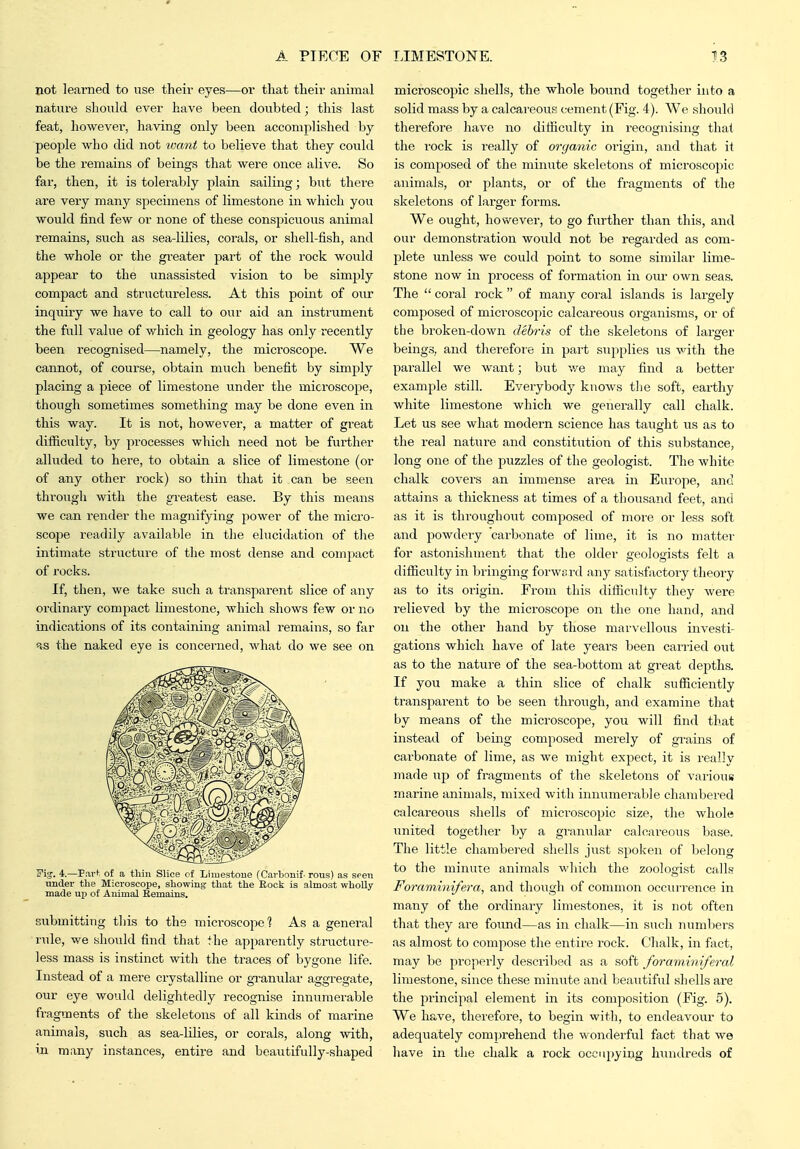 not learned to use their eyes—or that their animal nature should ever have been doubted; this last feat, however, having only been accomplished by people who did not want to believe that they could be the remains of beings that were once alive. So far, then, it is tolerably jilaia sailing; but thei'e are vexy many specimens of limestone in which you would find few or none of these conspicvious animal remains, such as sea-lilies, corals, or shell-fish, and the whole or the greater part of the rock would appear to the unassisted vision to be simply compact and structureless. At this point of our inquiry we have to call to our aid an instrument the full value of which in geology has only recently been recognised—namely, the microscope. We cannot, of course, obtain much benefit by simply placing a piece of limestone under the microscope, though sometimes something may be done even in this way. It is not, however, a matter of great difficulty, by processes which need not be further alluded to here, to obtain a slice of limestone (or of any other rock) so thin that it can be seen through with the greatest ease. By this means we can render the magnifying power of the micro- scope readily available in the elucidation of the intimate structure of the most dense and compact of rocks. If, then, we take such a transparent slice of any ordinary compact limestone, which shows few or no indications of its containing animal remains, so far as the naked eye is concerned, what do we see on Pig-. 4.—Far^ of a thin Slice of Limestone (Cavbonif roiis) as seen under the Microscoxie, showing that the Eock is almost wholly made up of Animal Eemains. submitting this to the microscope? As a general rule, we should find that the apparently structure- less mass is instinct with the traces of bygone life. Instead of a mere crystalline or gi-anular aggregate, our eye would delightedly recognise innumerable fi-agments of the skeletons of all kinds of marine animals, such as sea-lilies, or coi'als, along vfith, iji many instances, entire and beautifully-shaped microscopic shells, the whole bound together into a solid mass by a calcareous cement (Fig. 4). We should therefore have no difficulty in recognising that the rock is really of organic origin, and that it is composed of the minute skeletons of microscopic animals, or plants, or of the fragments of the skeletons of larger forms. We ought, however, to go further than this, and our demonstration would not be regarded as com- plete unless we could point to some similar lime- stone now in process of formation in oiu own seas. The  coral rock  of many coral islands is largely composed of microscopic calcareous organisms, or of the broken-down debris of the skeletons of larger beings, and therefore in part supplies us with the parallel we want; but we may find a better example still. Everybody knows tlie soft, earthy white limestone which we generally call chalk. Let us see what modern science has taught us as to the real nature and constitution of this substance, long one of the puzzles of the geologist. The white chalk covers an immense area in Europe, and attains a thickness at times of a thousand feet, and as it is throughout composed of more or less soft and powdeiy carbonate of lime, it is no matter for astonishment that the older geologists felt a difficulty in bringing forward any satisfactory theoiy as to its origin. From this difficulty they were relieved by the microscope on the one hand, and on the other hand by those marvellous investi- gations which have of late years been carried out as to the nature of the sea-bottom at great depths. If you make a thin slice of chalk sufficiently transparent to be seen through, and examine that by means of the microscope, you will find that instead of being composed merely of gi-ains of carbonate of lime, as we might expect, it is reallv made up of fragments of the skeletons of various marine animals, mixed with innumei'able chambered calcareous shells of microscopic size, the whole imited togetlier by a granular calcareous base. The little chambered shells just spoken of belong to the minute animals which the zoologist calls Foraminifera, and though of common occiu-rence in many of the ordinary limestones, it is not often that they are found—as in chalk—in such numbers as almost to compose the entire rock. Chalk, in fact, may be properly descrilted as a soft foraminiferal limestone, since these minute and beautiful shells are the principal element in its composition (Fig. 5). We have, therefore, to begin with, to endeavour to adequately comprehend the wonderful fact that we have in the chalk a rock occupying himdreds of