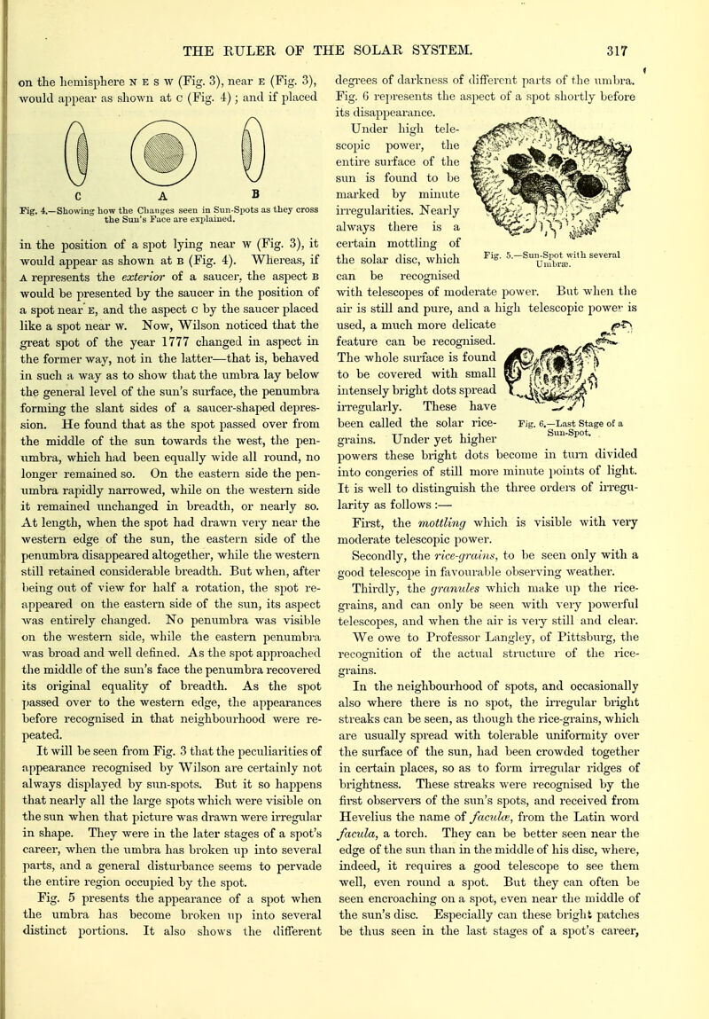 on the hemisphere n e s w (Fig. 3), near e (Fig. 3), would appear as shown at c (Fig. 4); and if placed Kg. 4.—Showing how the Changes seen in Siin-Spots as they cross the Sun's Face are explained. in the position of a spot lying near w (Fig. 3), it would appear as shown at b (Fig. 4). Whereas, if A represents the exterior of a saucer, the aspect b would be presented by the saucer in the position of a spot near e, and the aspect c by the saucer placed like a spot near w. Now, Wilson noticed that the great spot of the year 1777 changed in aspect in the former way, not in the latter—that is, behaved in such a way as to show that the umbra lay below the general level of the sun's surface, the penumbra forming the slant sides of a saucer-shaped depres- sion. He found that as the spot passed over from the middle of the sun towards the west, the pen- umbra, which had been equally wide all round, no longer remained so. On the eastern side the pen- umbra rapidly narrowed, while on the western side it remained unchanged in breadth, or nearly so. At length, when the spot had drawn verj-- near the western edge of the sun, the eastern side of the penumbra disappeared altogether, while the western still retained considerable breadth. But when, after being out of view for half a rotation, the s^ot re- appeared on the eastern side of the sun, its aspect was entirely changed. No penumbra was visible on the western side, while the eastern penumbra Avas broad and well defined. As the spot approached the middle of the sun's face the peniimbra recovered its original equality of breadth. As the spot passed over to the western edge, the appearances before recognised in that neighbourhood were re- peated. It will be seen from Fig. 3 that the peculiarities of appearance recognised by Wilson are certainly not always displayed by sun-spots. But it so happens that nearly all the large spots which were visible on the sun when that picture was drawn were irregular in shape. They were in the later stages of a spot's career, when the umbra has broken iip into several parts, and a general disturbance seems to pervade the entire region occupied by the spot. Fig. 5 presents the appearance of a spot when the umbra has become broken up into several distinct portions. It also shows the different Fig. 5.- -Suii-Spot with several Umbra;. Fig. 6.—Last Stage of a Suu-Spot. degrees of darkness of different parts of the umbra. Fig. 6 represents the aspect of a spot shortly before its disappearance. Under high tele- scopic power, the entu'e surface of the sun is found to be marked by minute irregularities. Nearly always there is a certain mottling of the solar disc, which can be recognised with telescopes of moderate jjower. But when the air is still and pure, and a high telescopic power is used, a much more delicate feature can be recognised. The whole surface is found to be covered with small intensely bright dots spread irregularly. These have been called the solar rice- grains. Under yet higher powers these bright dots become in turn divided into congeries of still more minute points of light. It is well to distinguish the three orders of irregu- larity as follows :— First, the mottling which is visible with veiy moderate telescopic power. Secondly, the rice-grains, to be seen only with a good telescope in favourable observing weather. Thirdly, the granules which make up the rice- grains, and can only be seen with very powerful telescopes, and when the air is veiy still and clear. We owe to Professor Langley, of Pittsburg, the recognition of the actual structure of the rice- grains. In the neighbourhood of spots, and occasionally also where there is no spot, the irregular bright streaks can be seen, as though the rice-grains, which are usually spread with tolerable uniformity over the surface of the sun, had been crowded together in certain places, so as to form irregular ridges of brightness. These streaks were recognised by the first observers of the sun's spots, and received from Hevelius the name of faculce, from the Latin word facula, a torch. They can be better seen near the edge of the sun than in the middle of his disc, where, indeed, it requires a good telescope to see them well, even round a spot. But they can often be seen encroaching on a spot, even near the middle of the sun's disc. Especially can these biight patclies be thus seen in the last stages of a spot's career,
