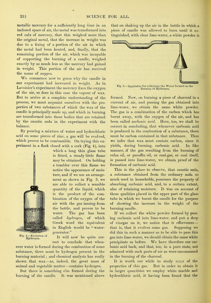 metallic mercury for a sufficiently long time in an inclosed space of air, the metal was transformed into red calx of mercury, that this weighed more than the original metal, that the increase in weight was due to a fixing of a portion of the air in which the metal had been heated, and, finally, that the remaining portion of the air, which was incapable of supporting the burning of a candle, weighed exactly by so much less as the mercury had gained in weight. This portion of the air has received the name of oxygen. We commence now to guess why the candle in our experiment had increased in weight. As in Lavoisier's experiment the mercury fixes the oxygen of the air, so does in this case the vapour of wax. But to arrive at a complete iinderstanding of the process, we must acquaint ourselves with the pro- perties of two substances of which the wax of the candle is principally made up, and which in burning are transformed into those bodies that are retained by the caustic soda in the experiment with the balance. By pouring a mixture of water and hydrochloric acid on some pieces of zinc, a gas will be evolved, which proves to be combustible. On trying this ex- periment in a flask closed with a cork (Fig. 4), into which a long thin glass tube is fitted, a steady little flame may be obtained. On holding a tumbler over this flame we notice the appearance of mois- ture, and if we use an arrange- ment as shown in Fig. 5, we are able to collect a sensible quantity of the liquid, which is the product of the com- bination of the oxygen of the ail- with the gas issuing from the bottle, and proves to be water. The gas has been called hydrogen, of which Greek word the equivalent in English would be water- generator. It will now be quite cor- rect to conclude that when- ever water is formed during the combustion of some substance, there must be hydrogen present in the burning material; and chemical analysis has really shown that wax—as, indeed, the great mass of animal and vegetable matter—contains hydrogen. that on shaking up the air in the bottle in which a piece of candle was allowed to burn until it ex- tinguished, with clear lime-water, a white powder is Fig. 4.—Evolution of Hydrogen. But there is something else formed during the burning of the candle. It was mentioned above Fig. 5.—Apparatus for collecting the Water formed iu the Burning of Hydrogen. formed. Now, on burning a piece of charcoal in a current of air, and passing the gas obtained into lime-water, we obtain the same white powder. The gas is a combination of the carbon which has burnt away, with the oxygen of the aii', and has been called carbonic acid. Here, too, we shall be correct in concluding, that whenever carbonic acid is produced in the combustion of a substance, there must be carbon contained in that substance. Thus we infer that wax must contain carbon, since it yields, during burning, carbonic acid. In like manner, if the gas resulting from the burning of colza oil, or paraffin oil, or coal-gas, or coal itself, is passed into lime-water, we obtain proof of the formation of carbonic acid. This is the \)\&ce to observe, that caustic soda, a substance obtained from the ordinary soda so much used in households, possesses the property of absorbing carbonic acid, and, to a certain extent, also of retaining moisture. It was on account of these qualities placed in the upper part of the glass tube in which we burnt the candle for the purpose of showing the increase in the weight of the biu'ning candle. If we collect the white powder formed by pass- ing cai-bonic acid into lime-water, and put a drop of vinegar on it, we notice that it effervesces—- that is, that it evolves some gas. Supposing we did this in such a manner as to be able to pass this gas into lime-water, we should obtain the same white precipitate as before. We have therefore our car- bonic acid back, and that, too, in a pure state, not admixed with such parts of air as were unconsumed in the burning of the charcoal. It is worth our while to study some of the properties of this gas. But in order to obtain it in larger quantities we employ white marble and hydrochloric acid, it having been found that the