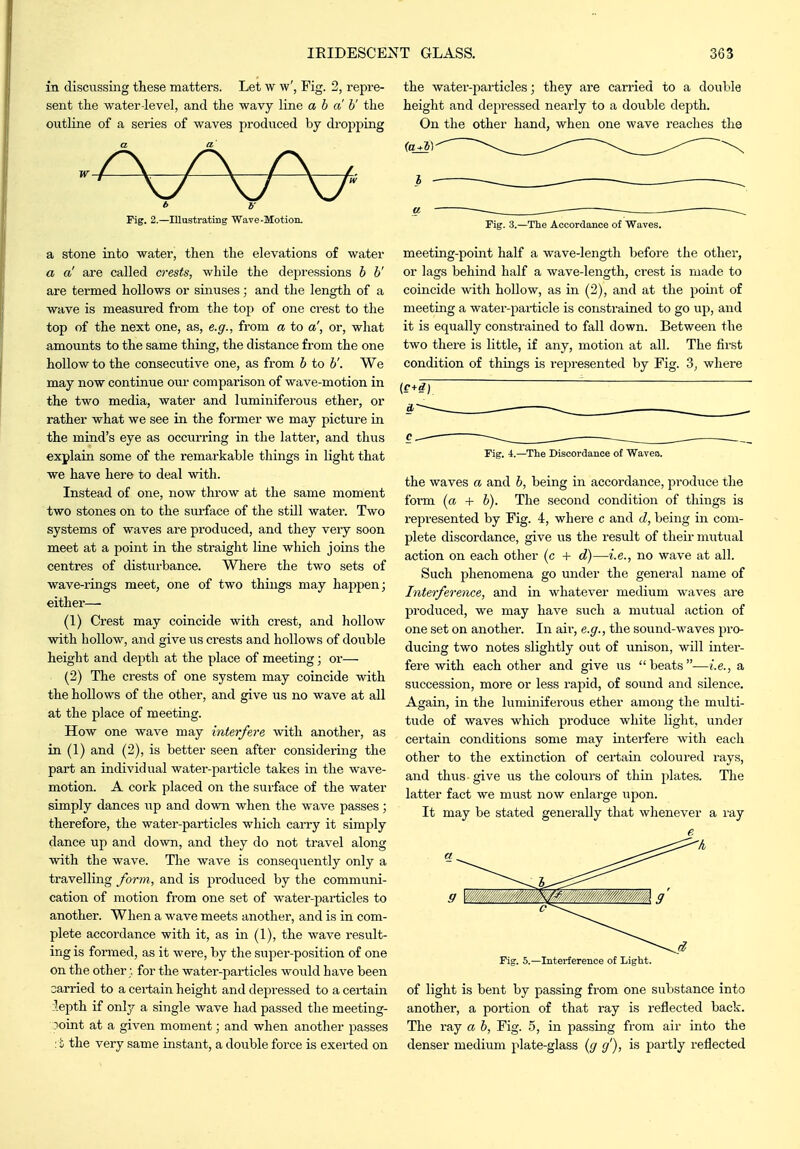 in discussing these matters. Let w w', Fig. 2, repre- sent the water-level, and the wavy line a b a' h' the outline of a series of waves produced by droj^ping Fig. 2.—Illustrating Wave-Motion. a stone into water, then the elevations of water a a' are called crests, while the dej^ressions b b' are termed hollows or sinuses; and the length of a wave is measured from the to\) of one crest to the top of the next one, as, e.g., from a to a', or, what amounts to the same thing, the distance from the one hollow to the consecutive one, as from b to b'. We may now continue our comparison of wave-motion in the two media, water and luminiferous ether, or rather what we see in the former we may picture in the mind's eye as occurring in the latter, and thus explain some of the remarkable things in light that we have here to deal with. Instead of one, now throw at the same moment two stones on to the siu'face of the still water. Two systems of waves are produced, and they very soon meet at a point in the straight line which joins the centres of disturbance. Where the two sets of wave-rings meet, one of two things may haj^pen; either— (1) Crest may coincide with crest, and hollow with hollow, and give us crests and hollows of double height and depth at the place of meeting; or— (2) The crests of one system may coincide with the hollows of the other, and give us no wave at all at the place of meeting. How one wave may interfere with another, as in (1) and (2), is better seen after considei-ing the part an individual water-particle takes in the wave- motion. A cork placed on the surface of the water simply dances up and down when the wave passes; therefore, the water-particles which carry it simply dance up and down, and they do not travel along with the wave. The wave is consequently only a travelling form, and Ls pi'oduced by the communi- cation of motion from one set of water-pai-ticles to another. When a wave meets another, and is in com- plete accordance with it, as in (1), the wave result- ing is formed, as it were, by the supei'-position of one on the other;, for the water-particles would have been carried to a certain height and depi'essed to a certain ;lepth if only a single wave had passed the meeting- joint at a given moment; and when another passes :t the very same instant, a double force is exerted on the water-particles; they are carried to a double height and depressed nearly to a double depth. On the other hand, when one wave reaches the Fig. 3.—The Accordance of Waves. meeting-point half a wave-length before the other, or lags behind half a wave-length, crest is made to coincide with hollow, as in (2), and at the point of meeting a watei-particle is constrained to go up, and it is equally constrained to fall down. Between the two there is little, if any, motion at all. The first condition of things is represented by Fig. 3, where Fig. 4.—The Discordance of Waves. the waves a and b, being in accordance, produce the form {a + b). The second condition of things is represented by Fig. 4, wheie c and d, being in com- plete discordance, give us the result of their mutual action on each other (c + d)—i.e., no wave at all. Such phenomena go under the general name of Interference, and in whatever medium waves are produced, we may have such a mutual action of one set on another. In air, e.g., the sound-waves pro- ducing two notes slightly out of unison, will inter- fere with each other and give us beats—i.e., a succession, more or less rapid, of sound and silence. Again, in the luminiferous ether among the multi- tude of waves which produce white light, under certain conditions some may interfere with each other to the extinction of certain coloured rays, and thus • give us the colours of thin plates. The latter fact we must now enlarge upon. It may be stated generally that whenever a ray Fig. 5.—Interference of Light. of light is bent by passing from one substance into another, a portion of that ray is reflected back. The ray a b, Fig. .5, in passing from air into the denser medium plate-glass {g g), is partly reflected