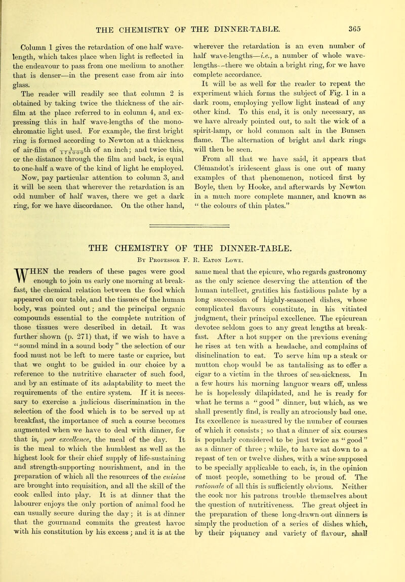 Column 1 gives the retardation of one half wave- length, which takes ipl&ee when light is reflected in the endeavoiu- to pass from one medium to another that is denser—in the present case from air into glass. The reader will readily see that column 2 is obtained by taking twice the thickness of the air- film at the place referred to in column 4, and ex- pressing this in half wave-lengths of the mono- chromatic light used. For example, the first bright ring is formed according to Newton at a tliickness of air-film of yr^ooiJ*^^ inch; and twice this, or the distance through the film and back, is equal to one-half a wave of the kind of light he employed. Now, pay particular attention to column 3, and it will be seen that wherever the retardation is an odd number of half waves, there we get a dark ring, for we have discordance. On the other hand, wherever the retardation is an even number of half wave-lengths—i.e., a number of whole wave- lengths- -there we obtain a bright ring, for we have complete, accordance. It will be as well for the reader to repeat the experiment which forms the subject of Fig. 1 in a dark room, employing yellow light instead of any other kind. To this end, it is only necessaiy, as we have already pointed out, to salt the wick of a spirit-lamp, or hold common salt in the Bunsen flame. The alternation of bright and dark rings will then be seen. From all that we have said, it appeai-s that Clemandot's iridescent glass is one out of many examples of that phenomenon, noticed first by Boyle, then by Hooke, and afterwards by Newton in a much more complete manner, and known as  the colours of thin plates. THE CHEMISTEY OF THE DINNEE-TABLE. By Peofessok F. R. Eaton Lowe. WHEN the readere of these pages were good enough to join us early one morning at break- fast, the chemical relation between the food which appeared on our table, and the tissues of the human body, was pointed out; and the principal organic compounds essential to the complete nutrition of those tissues were described in detail. It was further shown (p. 271) that, if we wish to have a  sound mind in a sound body  the selection of our food must not be left to mere taste or caprice, but that we ought to be guided in - our choice by a reference to the nutritive character of such food, and by an estimate of its adaptability to meet the requirements of the entire system. If it is neces- sary to exercise a judicious discrimination in the selection of the food which is to be served up at breakfast, the importance of such a course becomes augmented when we have to deal with dinner, for that is, jmr excellence, the meal of the day. It is the meal to which the humblest as well as the highest look for their chief supply of life-sustaining and strength-supporting nourishment, and in the preparation of which all the resources of the cuisiiie are brought into requisition, and all the skill of the cook called into play. It is at dinner that the labourer enjoys the only portion of animal food he can usually secure during the day; it is at dinner that the gourmand commits the gi-eatest havoc with Ms constitution by his excess; and it is at the same meal that the ejiicure, who regards gastronomy as the only science deserving the attention of the human intellect, gratifies his fastidious palate by a long siiccession of highly-seasoned dishes, whose complicated flavours constitute, in his vitiated judgment, their principal excellence. The epicurean devotee seldom goes to any great lengths at break- fast. After a hot supper on the previous evening he rises at ten with a headache, and complains of disinclination to eat. To serve him up a steak or mutton chop would be as tantalising as to offer a cigar to a victim in the throes of sea-sickness. In a few hours liis morning languor Avears off, unless he is hopelessly dilapidated, and he is ready for what he terms a  good  dinner, but which, as we shall presently find, is really an atrociously bad one. Its excellence is measured by the number of courses of which it consists; so that a dimier of six coui'ses is popularly considered to be just twice as  good  as a dinner of tln-ee; while, to have sat down to a repast of ten or twelve dishes, with a wine supposed to be specially applicable to each, is, in the opinion of most people, something to be proud of. The rationale of all this is sufiiciently obvious. Neither the cook nor his patrons trouble themselves about the qiiestion of nutritiveness. The gTeat object in the preparation of these long-drawn-out dinners is simply the production of a series of dishes which, by their piquancy and variety of flavour, shall