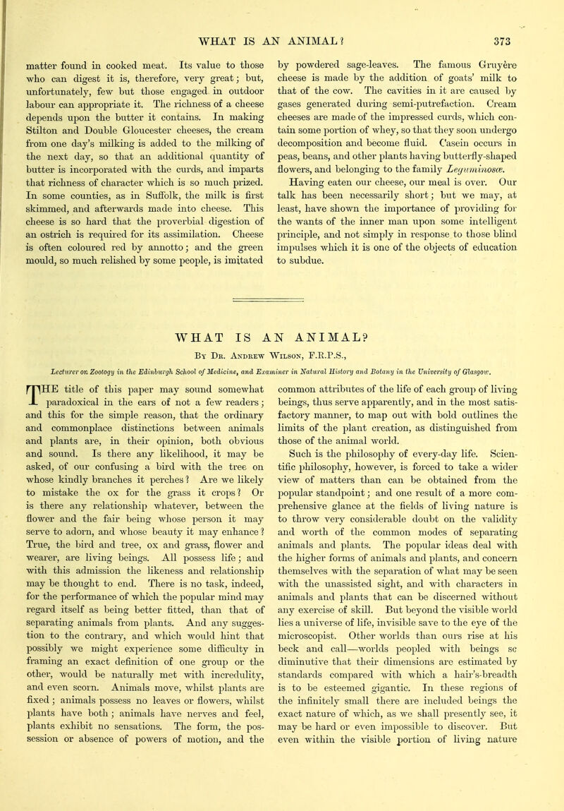 matter found in cooked meat. Its value to those who can digest it is, therefore, very great; but, imfoi'tunately, few but those engaged in outdoor labour can appropriate it. The richness of a cheese depends upon the butter it contains. In making Stilton and Double Gloucester cheeses, the cream from one day's milking is added to the milking of the next day, so that an additional quantity of butter is incorporated with the curds, and imparts that richness of character which is so much prized. In some counties, as in Suffolk, the milk is first skimmed, and afterwards made into cheese. This cheese is so hard that the proverbial digestion of an ostrich is required for its assimilation. Cheese is often coloured I'ed by annotto; and the green mould, so much relished by some people, is imitated by powdered sage-leaves. The famous Gruyere cheese is made by the addition of goats' milk to that of the cow. The cavities in it are caused by gases generated during semi-j^utrefaction. Cream cheeses are made of the impressed curds, which con- tain some portion of whey, so that they soon undergo decomposition and become fluid. Casein occurs in peas, beans, and other plants having biitterfly-shaped flowers, and belonging to the family Leyuminosoi. Having eaten our cheese, our meal is over. Our talk has been necessarily short; but we may, at least, have shown the importance of providing for the wants of the inner man upon some intelligent principle, and not simply in response to those blind impulses which it is one of the objects of education to subdue. WHAT IS AN ANIMAL? By Dr. Andrew Wilson, F.K.P.S., lecfni'C)' or. Zoology in the Edinburgh School of Medicine, and Examiner in Natural History and Botany in the University of Glasgov:. THE title of this paper may sound somewhat paradoxical in the ears of not a few readers; and this for the simple reason, that the ordinary and commonplace distinctions between animals and plants are, in theii opinion, both obvious and sound. Is there any likelihood, it may be asked, of our confusing a bird with the tree on whose kindly branches it perches 1 Axe we likely to mistake the ox for the gi-ass it crops'? Or is there any relationship whatever, between the flower and the fail* being whose person it may serve to adorn, and Avhose beauty it may enhance 1 True, the bird and tree, ox and gi'ass, flower and wearer, are living beings. All possess life; and with this admission the likeness and relationship may be thought to end. There is no task, indeed, for the performance of which the popular mind may regard itself as being better fitted, than that of sepai'ating animals from plants. And any sugges- tion to the contrary, and which would hint that possibly we might experience some difficulty in framing an exact definition of one group or the other, would be naturally met with incredulity, and even scorn. Animals move, whilst plants ai'e fixed ; animals possess no leaves or flowers, whilst plants have both; animals have nerves and feel, plants exhibit no sensations. The form, the pos- session or absence of powers of motion, and the common attributes of the life of each group of living beings, thus serve apparently, and in the most satis- factory manner, to map out with bold outlines the limits of the plant creation, as distinguished from those of the animal world. Such is the philosophy of every-day life. Scien- tific philosophy, however, is forced to take a wider view of matters than can be obtained from the popular standpoint; and one result of a more com- prehensive glance at the fields of living natvxre is to throw very considerable doubt on the validity and worth of the common modes of separating animals and j^lants. The popular ideas deal with the higher forms of animals and plants, and concern themselves with the separation of what may be seen with the unassisted sight, and Avith characters in animals and plants that can be discerned without any exercise of skill. But beyond the visible world lies a universe of life, invisible save to the eye of the microscopist. Other worlds than ours rise at his beck and call—Avorlds peopled with beings sc diminutive that theii' dimensions are estimated by standards compared with which a haii-'s-breadth is to be esteemed gigantic. In these regions of the infinitely small there are included beings the exact nature of which, as we shall presently see, it may be hard or even impossible to discover. But even within the visible portion of living nature