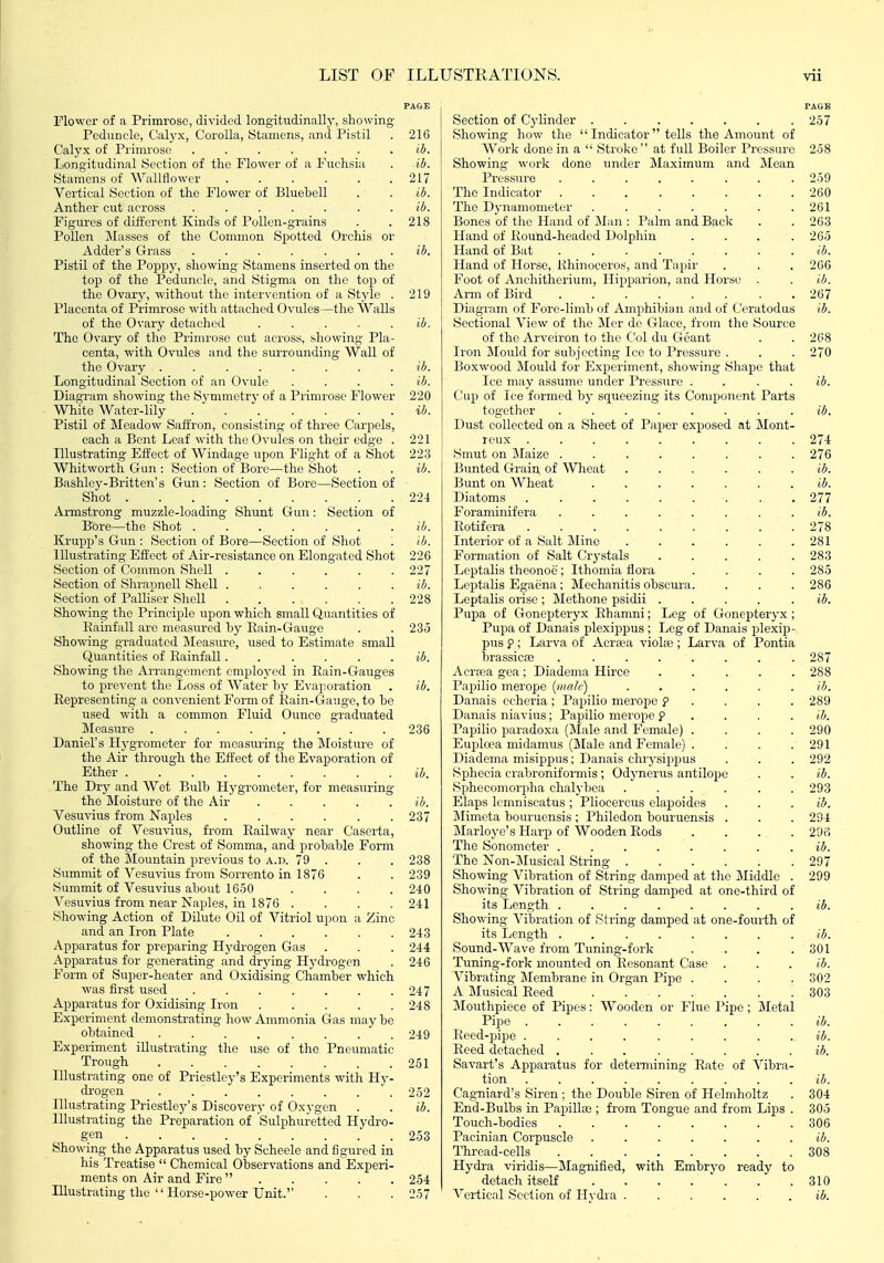 PAGE Flower of a Primrose, divided longitudinally, showing Peduncle, Calyx, Corolla, Stamens, and Pistil . 216 Calj'x of Primrose ....... ib. Longitudinal Section of the Flower of a Fuchsia . ib. Stamens of Wallflower . . . . . . 217 Vertical Section of the Flower of Bluebell . . ib. Anther cut across ....... ib. Figures of different Kinds of Pollen-grains . . 218 Pollen JIasses of the Common Spotted Orchis or xVdder's Grass ....... ib. Pistil of the Poj^py, showing Stamens inserted on the top of the Peduncle, and Stigma on the top of the Ovary, without the intervention of a Style . 219 Placenta of Primrose with attached Ovules—the Walls of the Ovary detached ..... ii. The Ovary of the Primrose cut across, .showing Pla- centa, with Ovules and the surrounding Wall of the Ovary ........ ib. Longitudinal Section of an Ovule .... ib. Diagram showing the Symmetry of a Primrose Flower 220 White Water-lily ib. Pistil of Meadow Saffron, consisting of thi'ee Carpels, each a Bent Leaf with the Ovules on their edge . 221 Illustrating Effect of Windage upon Flight of a Shot 223 Whitworth Gun : Section of Bore—the Shot . . ib. Bashley-Britten's Gun: Section of Bore—Section of Shot 224 Armstrong muzzle-loading Shunt Gun: Section of Bore—the Shot .... . . . ib. Krupp's Gun : Section of Bore—Section of Shot . ib. Illustrating Effect of Air-resistance on Elongated Shot 226 Section of Common Shell ...... 227 Section of Shrannell Shell ...... ii. Section of Palliscr Sliell 228 Showing the Principle upon which small Quantities of Eainfall are measured hy Eain-Gauge . .23*5 Showing graduated Measure, used to Estimate smaU Quantities of EainfaH ...... ib. Showing the Arrangement employed in Eain-Gauges to prevent the Loss of Water liy Evaporation . ib. Representing a convenient Form of Eain-Gaugo, to be used with a common Fluid Ounce graduated Measure 236 Daniel's Hygrometer for measm-ing the Moisture of the Air through the Effect of the Evaporation of Ether ib. The Dry and Wet Bulb Hygrometer, for measuring the Moisture of the Air . . . . . ib, Vesuvius from Naples . . . . . .237 Outline of Vesuvius, from Eailway near Caserta, showing the Crest of Somma, and probable Form of the Mountain previous to a.d. 79 . . . 238 Summit of Vesuvius from Sorrento in 1876 . . 239 Summit of Vesuvius about 1650 .... 240 Vesuvius from near Naples, in 1876 .... 241 Showing Action of Dilute Oil of Vitriol upon a Zinc and an Iron Plate 243 Apparatus for preparing Hydrogen Gas . . . 244 Apparatus for generating and drying Hydrogen . 246 Form of Super-heater and Oxidising Chamber which was first used . . . . . . .247 Apparatus for Oxidising Iron 248 Experiment demonstrating how Ammonia Gas may be obtained ........ 249 Experiment illustrating the use of the Pneumatic Trough 251 Illustrating one of Priestley's Experiments with Hy- drogen 252 Illustrating Priestley's Discovery of Oxygen . . ib. Illustrating the Preparation of Sulphuretted Hydro- gen 253 Showing the Apparatus used by Scheele and figured in his Treatise  Chemical Observations and Experi- ments on Air and Fire  254 Illustrating the  Horse-power Unit. . . . 257 PAGE Section of Cylinder 257 Showing how the  Indicator tells the Amount of Work done in a  Stroke at full Boiler Pressure 258 Showing work done under Maximum and Mean Pressure 259 The Indicator 260 The Dynamometer ....... 261 Bones of the Hand of 'SLm : Palm and Back . . 263 Hand of Eound-headed Dolphin .... 265 Hand of Bat ........ ib. Hand of Horse, Rhinoceros, and Tapir . . . 266 Foot of Anchitherium, Hi^jparion, and Horse . . ib. Arm of Bird 267 Diagram of Fore-limb of Amphibian and of Ceratodus ib. Sectional View of the Mer do Glace, fiom the Source of the Arveiron to the Col du Geant . . 268 Iron Jlould for subjecting Ice to Pressure . . . 270 Boxwood Mould for Experiment, showing Shape that Ice may assume under Pressure .... ib. Cup of Ice formed bj- squeezing its Component Parts together ........ ib. Dust collected on a Sheet of Paper exposed at Mont- reux ......... 274 Smut on Maize ........ 276 Bunted Grain of Wheat ...... ib. Bunt on Wheat ....... ib. Diatoms 277 Foraminifera . . . . . . . . ib. Rotifera 278 Interior of a Salt Mine . . . . . .281 Formation of Salt Crystals ..... 283 Leptalis theonoe; Ithomia flora .... 285 Leptalis Egaena ; Mechanitis obscura. . . . 286 Leptalis orisc; Methone psidii . . . . . ib. Pupa of GonejDteryx Rhamni; Leg of Gonepteryx; Pupa of Danais plexippus ; Leg of Danais plexip- pus p; Larva of Acraja violaj; Larva of Pontia brassicae ........ 287 Acrasa gea ; Diadema Hirce ..... 288 Papilio merope [male) ib. Danais echeria; Papilio merope p . . . . 289 Danais niavius; Papilio merope p . . . . ib. Papilio paradoxa (I\Iale and Female) .... 290 Euplcea midamus (Male and Female) . . . .291 Diadema misippus; Danais chrysippus . . . 292 Spliecia crabroniformis; Odynerus antilope . . ib. Sphecomorpha chalybea ...... 293 Elaps lemniscatus; Pliocercus elapoides . . . ib. Mimota bouruensis ; Philedon bouruensis . . . 294 J\Iarloyo's Harp of Wooden Rods .... 296 The Sonometer ........ ib. The Non-Musical String 297 Showing Vibration of String damped at the Middle . 299 Showing Vibration of String damped at one-third of its Length ........ ib. Showing Vibration of String damped at one-fourth of its Length ib. Sound-Wave from Tuning-fork . . . .301 Tuning-fork mounted on Resonant Case . . . ib. Vibrating Membrane in Organ Pipe .... 302 A Musical Reed . 303 Mouthpiece of Pipes: Wooden or Flue Pipe; Metal Pipe ib. Reed-pipe ......... ib. Reed detached ib. Savart's Apparatus for detemiining Rate of Vibra- tion ......... ib. Cag-niard's Siren ; the Double Siren of Hclmholtz . 304 End-Bulbs in Papillaj; from Tongue and from Lips . 305 Touch-bodies 306 Pacinian Corpuscle ....... ib. Thread-cells 308 Hydi-a viridis—Magnified, with Embryo ready to detach itself . . . . . . .310 Vertical Section of Hydra ...... ib.