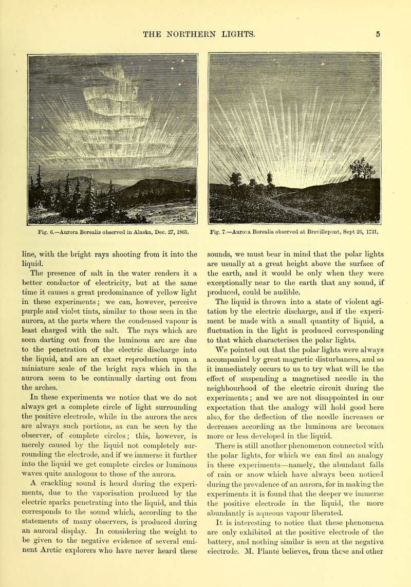 Tig. 6.—Aurora Boreaiis observed in Alaska, Deo. 27, 1865. Fig. 7.—Auro:a Borealis observed at Brevillepout, Sept 26, 1731. line, with the bright rays shooting from it into the liquid. The presence of salt in the water renders it a better conductor of electricity, but at the same time it causes a great predominance of yellow light in these experiments; we can, however, perceive purple and violet tints, similar to those seen in the aurora, at the parts where the condensed vapour is least chai'ged Avith the salt. The rays which are seen darting out from the luminous arc are due to the penetration of the electric discharge into the liquid, and are an exact reproduction upon a miniature scale of the bright rays which in the aurora seem to be continually darting out from the arches. In these experiments we notice that we do not always get a complete circle of light surrounding the positive electrode, while in the aurora the arcs are always such portions, as can be seen by the observer, of complete circles; this, however, is merely caused by the liquid not completely sur- rounding the electrode, and if we immerse it further into the liquid we get complete circles or luminous waves quite analogous to those of the aurora. A crackling sound is heard during the experi- ments, due to the vaporisation produced by the electx'ic sparks penetrating into the liquid, and this corresponds to the sound which, according to the statements of many observers, is produced during an auroral display. In consideruig the weight to be given to the negative evidence of several emi- nent Arctic explorers who have never heard these sounds, we must bear in mind that the polar lights are usually at a great height above the surface of the earth, and it would be only when they were exceptionally near to the earth that any sound, if produced, could be audible. The liquid is thrown into a state of violent agi- tation by the electric discharge, and if the experi- ment be made with a small quantity of liquid, a fluctuation in the light is produced corresponding to that which characterises the polar lights. We pointed out that the polar lights were always accompanied by great magnetic disturbances, and so it immediately occurs to us to try what will be the eifect of suspending a magnetised needle in the neighbourhood of the electric circuit during the experiments; and we are not disappointed in our expectation that the analogy Avill hold good here also, for the deflection of the needle increases or decreases according as the luminous arc becomes more or less developed in the liquid. There is still another phenomenon connected witli the polar lights, for which we can find an analogy in these expeiiments—namely, the abundant falls of rain or snow which have always been noticed during the prevalence of an aurora, for in making the expei'iments it is found that the deeper we immerse the positive electrode in the liquid, the more abundantly is aqueous vapour liberated. It is interesting to notice that these phenomena are only exhibited at the positive electrode of the battery, and nothing similar is seen at the negative electrode. M. Plante believes, from these and other