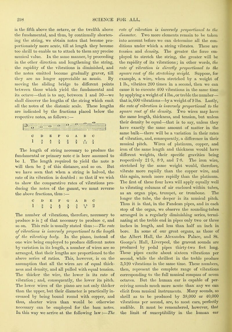 is the fifth above the octave, or the twelfth above the fundamental, and thus, by continually shorten- ing the string, we obtain notes that become pro- portionately more acute, till at length they become too shrill to enable us to attach to them any precise musical value. In the same manner, by proceeding in the other direction and lengthening the string, the rapidity of the vibrations is diminished, and the notes emitted become gradually graver, till they are no longer appreciable as music. By moving the sliding bridge to different points between those which yield the fundamental and its octave—that is to say, between 1 and 50—we shall discover the lengths of the string which emit all the notes of the diatonic scale. These lengths are indicated by the fractions placed below the respective notes, as follows :— C DEFGABC 1 ^ il 3- 2. 3, Ji_ X ^ U 5 4 3 8152 The length of string necessary to produce the fundamental or primary note c is here assumed to be 1. The length required to yield the note d will then be |- of this distance, and so on. But we have seen that when a string i-s halved, the rate of its vibration is doubled : so that if we wish to show the comparative rates of vibrations pro- ducing the notes of the gamut, we must reverse the above fractions, thus :— C DEFGABC 1 £ ^ *. 3. A 1_5 /! ^ B<b3a8« The number of vibrations, therefore, necessary to produce d is f of that necessary to produce c, and so on. This rule is usually stated thus :—The rate of vibrations is inversely proportional to the length of the vibrating body. In the piano, instead of one wire being employed to produce different notes by variation in its length, a number of wires are so arranged, that their lengths are proportioned to the above series of ratios. This, however, is on the assumption that all the wires are of equal thick- ness and density, and all pulled with equal tension. The thicker the wire, the lower is its rate of vibration; and, consequently, the lower its pitch. The lower wires of the piano are not only thicker than the upper, but their diameter is practically in- creased by being bound round with copper, and thus, shorter wires than would be otherwise necessary can be employed for the bass notes. In this way we arrive at the following law :—TJm rate of vibration is inversely 2)ropo')-tional to the diameter. Two more elements remain to be taken into account before we can determine all the con- ditions under which a string vibrates. These are tension and density. The greater the force em- ployed to stretch the stx-ing, the greater will be the rapidity of its vibrations; in other words, the rate of vibration is directly p)'>'ol}ortional to the sqioare root of the stretching weight. Suppose, for example, a wire, when stretched by a weight of 1 lb., vibrates 200 times in a second, then we can cause it to execute 400 vibrations in the same time by applying a weight of 4 lbs., or treble the number— that is, 600 vibrations—by a weight of 9 lbs. Lastly, the rate of vibration is inversely proportional to the square root of the density. Two wires may have the same length, thickness, and tension, but unless their density be equal—that is to say, unless they have exactly the same amount of matter in the same bulk—there will be a variation in their rates of vibration, and, consequently, a difference in their musical pitch. Wires of platinum, copper, and iron of the same length and thickness would have different weights, their specific gravities being respectively 21-5, 8-9, and 7-8. The iron wire, stretched by the same weight would, therefore, vibrate more rapidly than the copper wire, and this again, much more rapidly than the platinum. The first of these four laws Avill apply equally well to vibrating columns of air enclosed within tubes, as an organ pipe, trumpet, or trombone. The longer the tube, the deeper is its musical pitch. Thus it is that, in the Pandean jiipes, and in each stop of the organ, we observe the sounding-tubes arranged in a regularly diminishing series, termi- nating at the treble end in pipes only two or three inches in length, and less than half an inch in bore. In some of our great organs, as those of the Albert Hall, the Alexandra Palace, and St. George's Hall, Liverpool, the gravest sounds are produced by pedal pipes thirty-two feet long. These pipes excite about sixteen vibrations per second, while the shrillest in the treble produce 3,520 vibra,tions in the same time. These numbers, then, rej^resent the complete range of vibrations corresponding to the full musical compass of seven octaves. But the human ear is capable of per- ceiving sounds much more aciite than any we can elicit from musical instruments. Many sounds, so shrill as to be produced by 38,000 or 40,000 vibrations per second, are, to most ears, i:)erfectly audible. It must be remembered, however, that the limit of susceptibility in the human ear