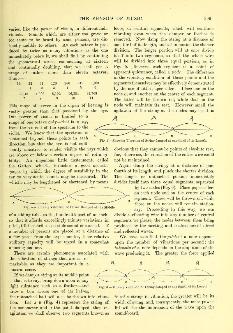 varies, like the power of vision, in different indi- viduals. Sounds which are either too grave or too acute to be heard by some persons, are dis- tinctly audible to others. As each octave is pro- duced by twice as many vibrations as the one immediately below it, we shall find by continuing the geometrical series, commencing at sixteen and continually doubling, that we shall get a range of rather more than eleven octaves, thus:— 16 32 1 2,048 7 64 2 4,096 128 3 8,192 9 256 4 512 5 16,384 10 1,024 6 32,768 11 Fig. 5.- This range of power in the organ of hearing is vastly greater than that possessed by the eye. Onr power of vision is limited to a range of one octave only—that is to say, from the red end of the spectrum to the violet. We know that the spectrum is continued beyond these points in each direction, but that the eye is not suffi- ciently sensitive to render visible the rays which are above or below a certain degree of refrangi- bilitv. An ingenious little instrument, called the Galton whistle, furnishes a good acoustic gauge, by which the degree of sensibility in the ear to very acute sounds may be measured. The whistle may be lengthened or shortened, by means loops, or ventral segments, which will contiuTie vibrating even when the damper or feather is removed. Now damp the string at a distance of one-third of its length, and set in motion the shorter division. The longer portion will at once divide itself into two segments, so that the whole wire will be divided into three equal portions, as in Fig. 5. .Between each segnient is a point of apparent quiescence, called a 7iode. The difference in the vibratory condition of these points and the segments themselves may be effectively demonstrated by the use of little paper riders. Place one on the node c, and another on the centre of each segment. The latter will be thrown off, while that on the node will maintain its seat. However small the agitation of the string at the nodes may be, it is A A A 1 ig. 4.—Showing Vibration of String Damped at the Middle. of a sliding tube, to the hundredth part of an inch, so that it affords exceedingly minute variations in pitch, till the shrillest possible sound is reached. If a number of persons are placed at a distance of a few yards from the experimenter, their relative auditory capacity will be tested in a somewhat amusing manner. There are certain phenomena associated with the vibration of strings that are as re- markable as they are important in a musical sense. If we damp a string at its middle point . —that is to say, bring down upon it any light substance such as a feather—and draw a bow across one of its halves, the untouched half will also be thrown into vibra- tion. Let A B (Fig. 4) represent the string of the sonometer, and c the point damped, then on agitation we shall observe two segments known as -Showing Vibration of String damped at one-third of its Length. obvious that they cannot be points of absolute rest, for, otherwise, the vibration of the entire wire could not be maintained. Again damp the string, at a distance of one- fourth of its length, and pluck the shorter division. The longer or untouched portion immediately divides itself into three equal segments, separated by two nodes (Fig. 6). Place paper riders on each node and on the centre of each segment. These will be thrown off, whilt —B ° ... those on the nodes will remain station- ary. Proceeding in this way, we can divide a vibrating wire into any number of ventral segments we please, the nodes between them being produced by the meeting and coalescence of direct and reflected waves. We have seen that the 2ntch of a note depends upon the number of vibrations per second; the intemity of a note depends on the amplitude of the wave producing it. The greater the force applied Fig. 6.—Showing Vibration of String damped at one-fourth of its Length. to set a string in vibration, the greater will be its width of swing, and, consequently, the more power- ful will be the impression of the wave upon the sound-board,