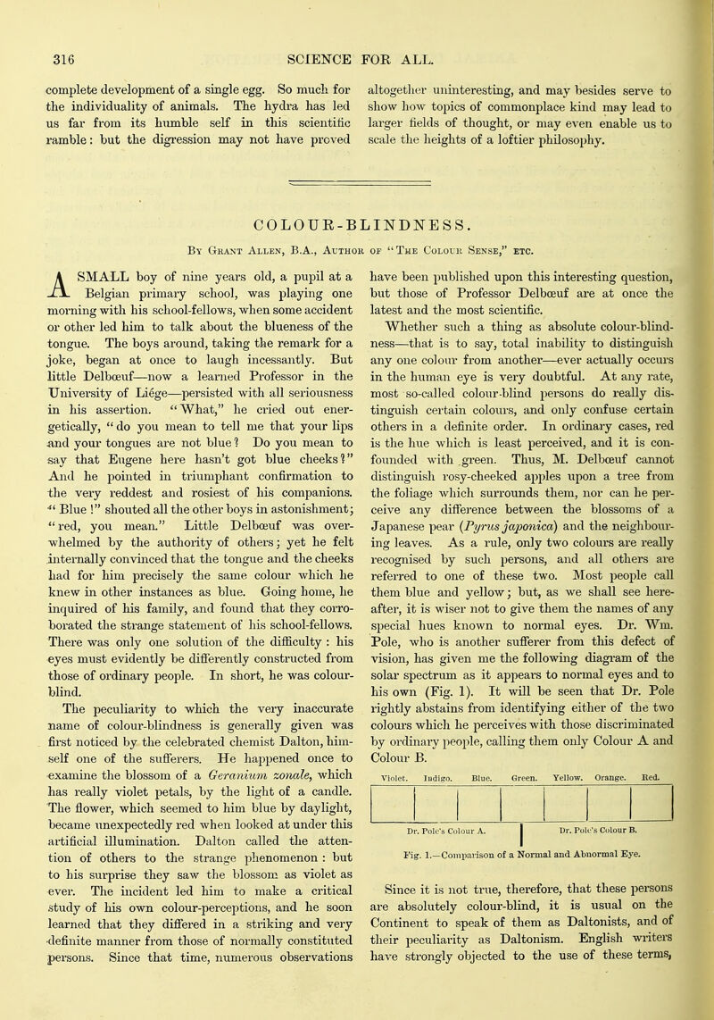 complete development of a single egg. So much for the individuality of animals. The hydra has led us far from its humble self in this scientihc ramble: but the digression may not have proved altogether uninteresting, and may besides serve to show how topics of commonplace kind may lead to larger fields of thought, or may even enable us to scale the heights of a loftier philosophy. COLOUE-BLINDNESS. By Grant Allen, B.A., Authoii of  The Cololr Sense, etc. ASMALL boy of nine years old, a pupil at a Belgian primary school, was playing one moi'ning with his school-fellows, when some accident or other led him to talk about the blueness of the tongue. The boys around, taking the remark for a joke, began at once to laugh incessantly. But little Delbceuf—now a learned Professor in the University of Liege—persisted with all seriousness in his assertion. What, he cried out ener- getically,  do you mean to tell me that your lips und your tongues are not blue 1 Do you mean to say that Eugene here hasn't got blue cheeks? And he pointed in triumphant confirmation to the very reddest and rosiest of his companions. Blue ! shouted all the other boys in astonishment;  red, you mean. Little Delbojuf was over- whelmed by the authority of others; yet he felt internally convinced that the tongue and the cheeks had for him precisely the same colour which he knew in other instances as blue. Going home, he inquired of his family, and found that they corro- borated the strange statement of his school-fellows. There was only one solution of the difficulty : his eyes must evidently be differently constructed from those of ordinary people. In short, he was colour- blind. The peculiarity to which the very inaccurate name of colour-blindness is generally given was first noticed by the celebrated chemist Dalton, him- self one of the sufferers. He happened once to examine the blossom of a Germiium zonale, which has really violet petals, by the light of a candle. The flower, which seemed to him blue by daylight, became unexpectedly red when looked at under this ai'tificial illumination. Dalton called the atten- tion of others to the strange phenomenon : but to his surprise they saw the blossom as violet as ever. The incident led him to make a critical study of his own colour-perceptions, and he soon learned that they differed in a striking and very ■definite manner fi-om those of normally constituted persons. Since that time, numerous observations have been piiblished upon this interesting question, but those of Professor Delbceuf are at once the latest and the most scientific. Whether such a thing as absolute colour-blind- ness—that is to say, total inability to distinguish any one colour from another—ever actually occurs in the human eye is very doubtful. At any rate, most so-called coloiir-blind persons do really dis- tinguish certain colours, and only confuse certain others in a definite order. In ordinary cases, red is the hue which is least perceived, and it is con- founded with .green. Thus, M. Delbceuf cannot distinguish rosy-cheeked apples upon a tree from the foliage which surrounds them, nor can he per- ceive any difference between the blossoms of a Japanese pear {Pyrus japonica) and the neighbour- ing leaves. As a rule, only two colours are really recognised by such persons, and all others are referred to one of these two. Most people call them blue and yellow; but, as we shall see here- after, it is wiser not to give them the names of any special hues known to normal eyes. Dr. Wm, Pole, who is another sufferer from this defect of vision, has given me the following diagi-am of the solar spectrum as it appears to normal eyes and to his own (Fig. 1). It will be seen that Dr. Pole rightly abstains from identifying either of the two colours which he perceives with those discriminated by ordinary people, calling them only Colour A and Colour B. Violet. Indigo. Blue. Green. Yellow. Orange. Red. Dr. Pole's Colour A. | Dr. Pole's Colour B. Vig. 1.—Comparison of a Normal and Abnormal Eye. Since it is not true, therefore, that these persons are absolutely colour-blind, it is usual on the Continent to speak of them as Daltonists, and of their peculiarity as Daltonism. English writers have strongly objected to the use of these terms,