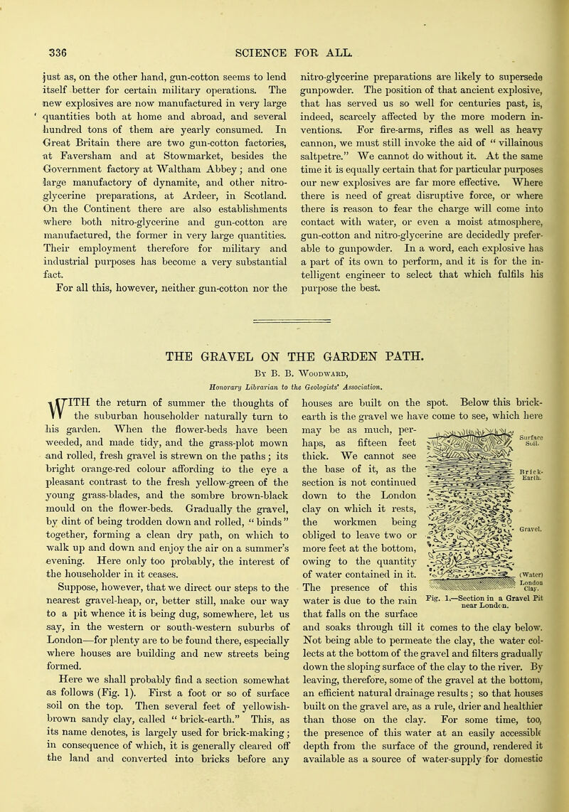 just as, on the other hand, gun-cotton seems to lend itself better for certain military operations. The new explosives are now manufactured in very large ' -quantities both at home and abroad, and several hundred tons of them are yearly consumed. In Great Britain there are two gun-cotton factories, ■at Faversham and at Stowmarket, besides the Oovernment factory at Waltham Abbey; and one iarge manufactory of dynamite, and other nitro- glycerine preparations, at Ardeer, in Scotland. On the Continent there are also establishments where both nitro-glycerine and gun-cotton are manufactured, the former in very large quantities. Their employment therefore for military and industrial purposes has become a very substantial fact. For all this, however, neither gun-cotton nor the nitro-glycerine preparations are likely to supersede gunpowder. The position of that ancient explosive, that has served us so well for centuries past, is, indeed, scarcely alfected by the more modern in- ventions. For fire-arms, rifles as well as heavy cannon, we must still invoke the aid of  villainous saltpetre. We cannot do without it. At the same time it is equally certain that for particular purposes our new explosives are far more effective. Where there is need of great disruptive force, or where there is reason to fear the charge will come into contact with water, or even a moist atmosphere, gun-cotton and nitro-glycerine are decidedly prefei'- able to gunpowder. In a word, each explosive has a part of its own to perform, and it is for the in- telligent engineer to select that which fulfils liis purpose the best. THE GEAVEL ON THE GARDEN PATH. By B. B. Woodwaed, Honorary Librarian to the Geologists' Association, the thoughts of houses are built on the WITH the return of summer the suburban householder natui-ally turn to his garden. When the flower-beds have been weeded, and made tidy, and the grass-plot mown and rolled, fresh gravel is sti-ewn on the paths; its bright orange-red colour afibrding to the eye a pleasant contrast to the fresh yellow-green of the young grass-blades, and the sombre brown-black mould on the flower-beds. Gradually the gravel, by dint of being trodden down and rolled,  binds  together, forming a clean dry path, on which to walk up and down and enjoy the air on a summer's evening. Here only too probably, the interest of the householder in it ceases. Suppose, however, that we direct our steps to the nearest gravel-heap, or, better still, make our way to a pit whence it is being dug, somewhere, let us say, in the western or south-western suburbs of London—for plenty are to be found there, especially where houses are building and new streets being formed. Here we shall probably find a section somewhat as follows (Fig. 1). First a foot or so of surface soil on the top. Then several feet of yellowish- brown sandy clay, called  brick-earth. This, as its name denotes, is largely used for brick-making; in consequence of which, it is generally cleared off the land and converted into bricks before any spot. Below this brick- earth is the gravel we have come to see, which here may be as mvich, per- iu5i^i,i:ii,^i^Ji^^ haps, as fifteen feet Jk^^^^^^^^ ^sJa?° Gravel. thick. We cannot see the base of it, as the section is not continued down to the London clay on which it rests, the workmen being obliged to leave two or more feet at the bottom, owing to the quantity of water contained in it. The presence of this water is due to the rain that falls on the surface and soaks through till it comes to the clay below. Not being able to permeate the clay, the water col- lects at the bottom of the gravel and filters gradually down the sloping surface of the clay to the river. By leaving, thei*efore, some of the gravel at the bottom, an efficient natural drainage results; so that houses built on the gravel are, as a rule, drier and healthier than those on the clay. For some time, too, the presence of this water at an easily accessibk depth from the sui-face of the ground, rendered it available as a source of water-supply for domestic li—Section in a Gravel Pit near Loude n.