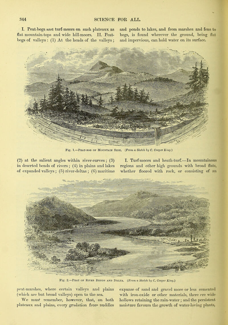 L Peat-bogs and tnrf-moors on such plateaux as flat mountain-tops and wide liill-moors. II. Peat- bogs of valleys : (1) At the heads of the valleys; and ponds to lakes, and from marshes and fens to bogs, is found whei'ever the ground, being flat and impervious, can hold water on its surface. rig. 1.—Peat-bog of Mountain Side. [From a Slcetchiy C. Cooper King.) (2) at the salient angles within river-curves; (3) in deserted bends of rivers ; (4) in plains and lakes of expanded valleys; (5) river-deltas ; (6) maritime I. Turf-moors and heath-turf.—In mountainous regions and other high grounds with broad flais, whether floored with rock, or consisting of an Fig. 2.—Peat of Eiyek Bends and Delta. (From a Sketch by C. Cooper King.) peat-marshes, where certain valleys and plains (which are but broad valleys) open to the sea. We must remember, however, that, on both plateaux and jilains, every gradation from nuddles expanse of sand and gravel more or less cemented with iron-oxide or other materials, there rro wide hollows retaining the rain-water; and the pei'sistent moisture favours the growth of water-loving plants,