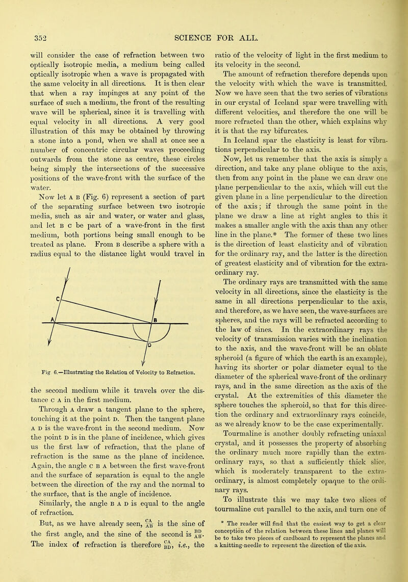 will consider the case of refraction between two ojDtically isotropic media, a medium being called optically isotropic when a wave is propagated with the same velocity in all directions. It is then clear that when a ray impinges at any point of the surface of such a medium, the front of the resulting wave will be spherical, since it is travelling with equal velocity in all directions. A very good illustration of this may be obtained by throwing a stone into a pond, when we shall at once see a number of concentric circular waves proceeding outwards from the stone as centre, these circles being simply the intersections of the successive positions of the wave-front with the svirface of the Avater. Now let A B (Fig. 6) represent a section of part of the separating surface between two isotropic media, such as air and water, or water and glass, and let b c be part of a wave-front in the first medium, both portions being small enough to be treated as plane. From B describe a sphere with a radius equal to the distance light would travel in Fig 6.—Ulustrating the Relation of Velocity to Refraction. the second medium while it travels over the dis- tance c A in the first medium. Through A draw a tangent plane to the sphere, touching it at the point d. Then the tangent plane A D is the wave-front in the second medium. Now the point D is in the plane of incidence, which gives us the first law of refraction, that the plane of refraction is the same as the plane of incidence. Again, the angle c b A between the first wave-front and the stirface of separation is equal to the angle between the direction of the ray and the normal to the surface, that is the angle of incidence. Similarly, the angle B A D is equal to the angle of refraction. But, as we have already seen, is the sine of the first angle, and the sine of the second is The index of refraction is therefore i.e., the ratio of the velocity of light in the first medium to its velocity in the second. The amount of i-efraction therefore depends upon the velocity with which the wave is transmitted. Now we have seen that the two series of vibrations in our crystal of Iceland spar were travelling with different velocities, and therefore the one vvill be more refracted than the other, which explains why it is that the ray bifurcates. In Iceland spar the elasticity is least for vibra- tions perpendicular to the axis. Now, let us remember that the axis is simply a dii'ection, and take any plane oblique to the axis, then from any point in the plane we can draw one plane perpendicular to the axis, which will cut the given plane in a line perpendicular to the direction of the axis; if through the same point in the plane we draw a line at right angles to this it makes a smaller angle with the axis than any other line in the plane.* The former of these two lines is the direction of least elasticity and of vibration for the ordinary ray, and the latter is the direction of greatest elasticity and of vibi'ation for the extra- ordinary ray. The ordinary rays are transmitted with the same velocity in all directions, since the elasticity is the same in all directions perpendicular to the axis, and therefore, as we have seen, the wave-surfaces are spheres, and the rays will be refracted according to the law of sines. In the extraordinary rays the velocity of transmission varies with the inclination to the axis, and the wave-front will be an oblate spheroid (a figure of which the earth is an example), having its shorter or polar diameter equal to the diameter of the spherical wave-front of the ordinary rays, and in the same direction as the axis of the crystal. At the extremities of this diameter the sphere touches the sj^heroid, so that for this direc- tion the ordinary and extraordinary rays coincide, as we already know to be the case experimentally. Tourmaline is another doubly refracting uniaxal crystal, and it jiossesses the property of absorbing the ordinary much more rapidly than the extra- ordinary rays, so that a sufficiently thick slice, which is moderately transparent to the extra- ordinary, is almost completely opaque to the ordi- nary rays. To illustrate this we may take two slices of tourmaline cut parallel to the axis, and turn one of * The reader will find that the easiest way to get a clear conception of the relation between these lines and planes will be to take two pieces of cardboard to represent the planes and a knitting-needle to represent the direction of the axis.