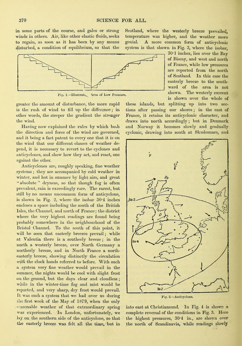 in some parts of tlie course, and gales or strong winds in others. Air, like other elastic fluids, seeks to regain, as soon as it has been by any means distiu-bed, a condition of equilibrium, so that the 1.—lUustrati. Vrea of Low Pressure. greater the amount of disturbance, the more rapid is the rush of wind to fill up the difference; in other words, the steeper the gradient the stronger the wind. Having now explained the rules by which both the direction and force of the wind are governed, and it being a fact patent to every one that it is on the wind that our different classes of weather de- pend, it is necessary to revert to the cyclones and anticyclones, and show how they act, and react, one against the other. Anticyclones are, roughly speaking, fine weather systems ; they are accom])anied by cold weather in winter, and hot in summer by light airs, and great  absolute  dryness, so that though fog is often prevalent, rain is exceedingly rare. The rarest, but still by no means uncommon form of anticyclone, is shown in Fig. 2, where the isobar 304 inches encloses a space including the south of the British Isles, the Channel, and north of France; the district where the very highest readings ai'e found being 2)robably somewhere in the neighbourhood of the Bristol Channel. To the south of this point, it will be seen that easterly bi-eezes prevail; while at Yalentia there is a southerly bi-eeze; in the north a westerly breeze, over North Germany a noi'therly breeze, and in North France a north- easterly breeze, showing distinctly the circulation loith the clock hands referred to before. With such a system very fine weather would prevail in the summer, the nights would be cool with slight frost on the ground, but the days clear and cloudless; while in the winter-time fog and mist would be reported, and very sharp, dry frost would prevail. It was such a system that we had over us during the first week of the May of 1879, when the only ; seasonable weather of that extraordinary spring was experienced. In London, unfortunately, we lay on the southern side of the anticyclone, so that the easterly breeze was felt all the time, but iir Scotland, where the westerly breeze prevailed, temperature Avas highei', and the weather more genial. A more common form of anticyclonic system is that shown in Fig. 3, where the isobar, 30•! inches, lies over the Bay of Biscay, and west and north of France, while low pressures are reported from the north of Scotland. In this case the easterly breeze to the south- ward of the area is not shown. The westerly current is shown over the whole of splitting up into two sec- our shores; in the east of France, it retains its anticyclonic character, and draws into north accordingly; but in Denmark and Norway it becomes slowly and gradually cyclonic, drawing into south at Skudesnaes, and these islands, but tions after passing Anticyclone. into east at Christiansund. In Fig. 4 is shown, a complete revei'sal of the conditions in Fig. 3, Here the highest pressures, 304 in., are shown over the north of Scandinavia, while readings slowly