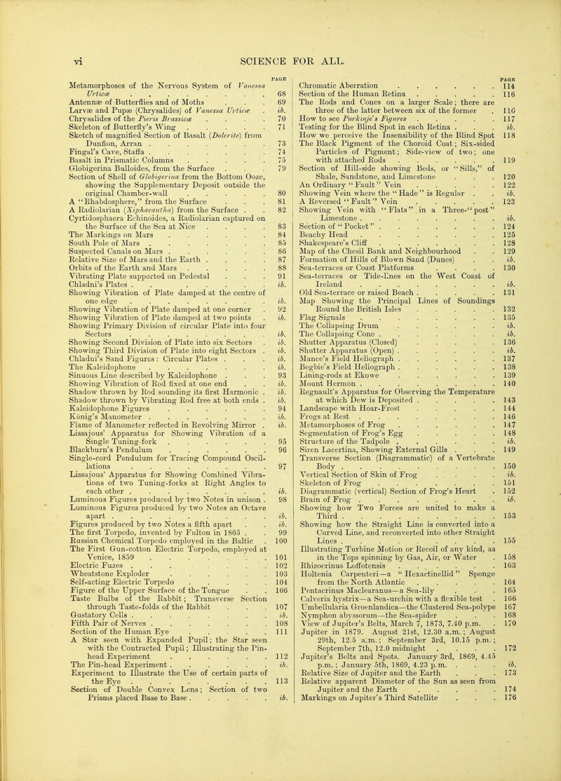 PABE Metamorphoses of the Nervous System of Vanessa TJrticce ........ 68 Antennae of Butterflies and of Moths ... 69 Larvae and Pupje (Chrysalides) of Vanessa Urticce . ib. Chrysalides of the Pieris Brassicce .... 70 Skeleton of Butterfly's Wing 71 Sketch of magnified Section of Basalt {Bolerite) from Dunfion, Arran ....... 73 Fingal's Cave, Staflla ....... 74 Basalt in Prismatic Columns ..... 75 Globigerina BuUoides, from the Surface ... 79 Section of Shell of Globigerina from the Bottom Ooze, showing the Supplementary Deposit outside the original Chamber-wall ..... 80 A '•'Ehabdosphere, from the Surface . . .81 A Radiolarian [Xiphacantha) from the Surface . . 82 Cyrtidosphaera Echinoides, a Eadiolarian captured on the Surface of the Sea at Nice .... 83 The Markings on Mars 84 South Pole of Mars 85 Suspected Canals on Mars ...... 86 Relative Size of Mars and the Earth .... 87 Orbits of the Earth and Mars 88 Vibrating Plate supported on Pedestal ... 91 Chladni's Plates . . . . . . . ib. Showing Vibration of Plate damped at the centre of one edge ........ ib. Showing Vibration of Plate damped at one comer . 92 Showing Vibration of Plate damped at two points . ib. Showing Primary Division of circular Plate into four Sectors ...... . . ib. Showing Second Division of Plate into six Sectors . ib. Showing Third Division of Plate into eight Sectors . ib. Chladni's Sand Figures: Circular Plates . . . ib. The Kaleidophone ....... ib. Sinuous Line described by Kaleidophone ... 93 Showing Vibration of Rod fixed at one end . . ib. Shadow thrown by Rod sounding its first Harmonic . ib. Shadow thrown by Vibrating Rod free at both ends . ib. Kaleidophone Figures ...... 94 Kbnig's Manometer ....... ib. Flame of Manometer reflected in Revolving Mirror . ib. Lissajous' Apparatus for Showing Vibration of a Single Tuning-fork ...... 95 Blackburn's Pendulum . . . . . .96 Single-cord Pendulum for Tracing Compound Oscil- lations 97 Lissajous' Apparatus for Showing Combined Vibra- tions of two Tuning-forks at Right Angles to each other ........ ib. Luminous Figures produced b)' two Notes in unison . 98 Luminous Figures produced by two Notes an Octave apart ......... ib. Figures produced by two Notes a fifth apart . . ib. The first Torpedo, inventpd by Fulton in 1805 . . 99 Russian Chemical Torpedo employed in the Baltic . 100 The First Gun-cotton Electric Torpedo, employed at Venice, 1859 '. .101 Electric Fuzes . . . . . . .102 Wheatstone Exploder 103 Self-acting Electric Torpedo . . . . .104 Figure of the Upper Surface of the Tongue . . 106 Taste Bulbs of the Rabbit; Transverse Section through Taste-folds of the Rabbit . . .107 Gustatory Cells ........ ib. Fifth Pair of Nerves 108 Section of the Human Ej'e . . . . .111 A Star seen with Expanded Pupil; the Star seen with the Contracted Pupil; Illustrating the Pin- head Experiment . . . . . .112 The Pin-head Experiment . . . . . . ib. Experiment to Illustrate the Use of certain parts of the Eye 113 Section of Double Convex Lens; Section of two Prisms placed Base to Base. . . . . ib. paqe: Chromatic Aberration 114 Section of the Human Retina . . . . .116 The Rods and Cones on a larger Scale; there are three of the latter between six of the former . 110 How to see Purkinje's Figures . . . . .117 Testing for the Blind Spot in each Retina . . . ib. How we perceive the Insensibility of the Blind Spot 118 The Black Pigment of the Choroid Coat; Six-sided Particles of Pigment; Side-view of two; one with attached Rods . . . . . .119 Section of Hill-side showing Beds, or Sills, of Shale, Sandstone, and Limestone . . .120 An Ordinary  Fault  Vein 122 Showing Vein where the Hade is RegulHr . . ib. A Reversed  Fault Vein 123 Showing Vein with Flats in a Three-post Limestone ........ ib. Section of  Pocket'' ....... 124 Beachy Head ........ 125 Shakespeare's Cliff . . . . . . .128 Map of the Chesil Bank and Neighbourhood . .129 Formation of Hills of Blown Sand (Dunes) . . ib. Sea-terraces or Coast Platforms . . . .130 Sea-terraces or Tide-lines on the West Coast of Ireland ........ ib. Old Sea-terrace or raised Beach . . . . .131 Map Showing the Principal Lines of Soundings Round the British Isles 132 Flag Signals . . . . . . . .135 The Collapsing Drum ...... ib. The Collapsing Cone ....... ib. Shutter Apparatus (Closed) . . . . .136 Shutter Apparatus (Open) ...... ib. Mance's Field Heliograph 137 Begbie's Field Heliograph 138 Lining-rods at Ekowe ...... 139 Mount Hermon . . . . . . . .140 liegnault's Apparatus for Observing the Temperature at which Dew is Deposited ..... 143 Landscape with Hoar-Frost ..... 144 Frogs at Rest 146 Metamorphoses of Frog ...... 147 Segmentation of Frog's Egg ..... 148 Structvire of the Tadpole . . . . . . ib. Siren Lacertina, Showing External Gills . . . 149 Transverse Section (Diagrammatic) of a Vertebrate Body . . 150 Vertical Section of Skin of Frog . . . . ib. Skeleton of Frog 161 Diagrammatic (vertical) Section of Frog's Heart . 152 Brain of Frog ........ ib. Showing how Two Forces are united to make a Third 153 Showing how the Straight Line is converted into a Curved Line, and reconverted into other Straight Lines ......... 155 Illustrating Turbine Motion or Recoil of any kind, as in the Tops spinning by Gas, Air, or Water . 158 Rhizocrinus Loffotensis . . . . . .163 Holtenia Carpenteri—a  Hexactinellid Sponge from the North Atlantic ..... 164 Pentacrinus Maclearanus—a Sea-lily . . .165 Calveria hj'strix—a Sea-urchin with a flexible test . 166 Umbellularia Groenlandica—the Clustered Sea-polype 167 Nymphon abyssorum—the Sea-spider . . . 168 View of Jupiter's Belts, March 7, 1873, 7.40 p.m. . 170 Jupiter in 1879. August 21st, 12.30 a.m. ; August 29th, 12.5 a.m.; September 3rd, 10.15 p.m.; September 7th, 12.0 midnight . . . .172 Jupiter's Belts and Spots. January 3rd, 1869, 4.45 p.m. ; January 5th, 1869, 4.23 p.m. . . . ib Relative Size of Jupiter and the Earth . . .173 Relative apparent Diameter of the Sun as seen from Jupiter and the Earth . . . . .174 Markings on Jupiter's Third Satellite . . . 176