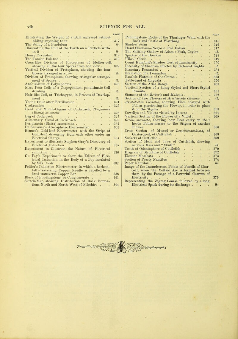 SCIENCE PjlSE Illustrating the Weight of a Ball increased without adding anything to it . . . . .317 The Swing of a Pendulum ..... id. Illustrating the PuU of the Earth on a Particle with- in it . . . . . . . . .lb. Henry Cavendish 318 The Torsion Balance 319 Cross-like Division of Protoplasm of Mother-cell, showing all the four Spores from one view . . 322 Vertical Division, of Protoplasm, showing the four Spores arranged in a row ..... id. pivision of Protoplasm, showing triangular arrange- ment of Spores ..... . . ib. An'cLsridium of PolysijDhonia ..... 323 First Four CeUs of a Carpogonium, penultimate Cell dividing ...... . . ib. Hair-like Cell, or Trichogyne, in Process of Develop- ment ......... ib. Young i'ruit after Fertilisation ..... 324 Cocki'oaches . . . . . . . . 325 Head and Mouth-Organs of Cockroach, Periplaneta {Blatta) orientalis ...... 326 Leg of Cockroach . . . . . . .327 Alimentary Canal of Cockroach .... 328 Periplaneta (Blatta) Americana ..... 332 De Saussure's Atmospheric Electrometer . . . 333 Bennet's Gold-leaf Electrometer with the Strips of Gold-leaf diverging from each other under an Electrical Charge ...... 334 Experiment to illustrate Stephen Gray's Discovery of Electrical Induction ...... 335 Experiment to illustrate the Nature of Electrical induction 336 Du Fay's Experiment to show the Effects of Elec- trical Induction in the Body of a Boy insulated by Silk Cords 337 Peltier's Induction Electrometer, in which a horizon- tally-traversing Copper Needle is repelled by a fixed transverse Copper Bar .... 338 Block of Puddingstone, or Conglomerate . . .341 Sketch-Map showing Distribution of Rock Forma- tions North and North-West of Fifeshire . . 344 FOR ALL. PACK Puddingstone Kocks of the Thuringer Wald with the Eock and Castle of Wartburg .... 345 Shadow Swan ........ 346 Hand Shadows—Negro v. Bed. Indian . . .347 The Shifting Shadow of Adam's Peak, Ceylon . . ib. Spectre of the Brocken . . . . . .348 UUoa's Circle 349 Count Rumford's Shadow Test of Luminosity . . 3o0 Intensity of Shadows affected by External Lights . ib. Planetary Penumbra . . . . . . .351 Formation of a Penumbra ...... ib. Basaltic Plateaux of the Coiron ..... 353 Table-land of Magdala . 366 Section of the Atlas Range ..... 357 Vertical Section of a Long-Styled and Short-Styled Primula 361 Stamens of the Bcrberis and Mahonia .... 362 Section of two Flowers of Aristolochia Clematis . . ib. A.r%stolochia Clematis, showing Flies charged with Pollen penetrating the Flower, in order to place it on the Stigma . . . . . . . 363 Cowslips and Violets visited by Insects . '. . 364 Vertical Section of the Flower of a Violet. . . 365 Orchis maculata, showing how Bees carry on their heads Pollen-masses to the Stigma of another Flower ........ 366 Cross Section of Mussel or Laniellibranchiata, of Gasteropod, of Cuttlefish ...... 368 Suckers of Cuttlefish ....... 369 Section of Head and Jaws of Cuttlefish, showing- nervous Mass and  Skull . . . . ib. Teeth of Odontophore of Cuttlefish . . . .370 Diagram of Structure of Cuttlefish .... 372 Eledone Moschata 373 Section of Pearly Nautilus . . . . .374 Paper Nautilus . ...... ib. Image of the Incandescent Points of Pencils of Char- coal, when the Voltaic Arc is formed between them by the Passage of a Powerful Current of Electricity 379 Representing the Zigzag Course followed by a long Electrical Spark during its discharge . . . ib.