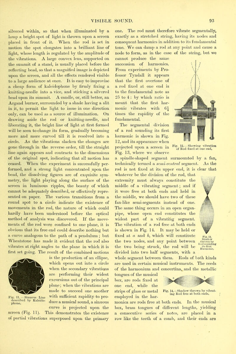 silveved within, so that when illuminated by a lamp a bright s\)ot of light is thrown upon a screen placed in front of it. When the rod is set in motion the spot elongates into a brilliant line of light, whose length is regulated by the amplitude of the vibrations. A large convex lens, supported on the summit of a stand, is usually ])laced before the reflecting bead, so that a magnified image is depicted upon the screen, and all the effects rendered visible to a large audience at once. It is easy to improvise a clieai) form of kaleidophone by firmly fixing a knitting-needle into a vice, and sticking a silvered bead upon its summit. A candle, or, still better, an Argand burner, surrounded by a shade having a slit in it, to permit the light to issue in one direction only, can be used as a source of illumination. On drawius; aside the rod or knitting-needle, and liljerating it, the blight line of light at first formed will be seen to change its form, gradually becoming more and more curved till it is resolved into a circle. As the vibrations slacken the changes are gone through in the reverse order, till the straight line again aj^pears and contracts to the dimensions of the original spot, indicating tliat all motion has ceased. When tlie experiment is successfully per- formed, and a strong light concentrated upon the bead, the dissolving figures are of exquisite sym- metry, the light playing along the sui'face of the screen in luminous ripples, the beauty of which cannot be adequately described, or effectively repre- sented on paper. The various transitions from a round spot to a cii'cle indicate the existence of movements in the rod, the nature of which could hardly have been understood before the optical method of analysis was discovered. If the move- ments of the rod were confined to one plane, it is obvious that its free end could describe nothing but a curve analogous to the path of a pendulum ; ljut Wlieatstone has made it evident that the rod also vibrates at right angles to the plane in which it is first set going. The result of the combined motions •is the production of an ellipse, which opens out into a circle when the secondary vibrations are performing their widest excursions out of the principal plane; when the vibrations are made to succeed one another with sufficient rapidity-to pro- duce a musical sound, a sinuous curve is projected upon the screen (Fig. 11). This demonstrates the existence of partial vibrations superposed upon the primary Fig. 11. — Siuuons Liue described by Kaleido- phone. lilliiiliW rig-. 12.— Showing Titration of Rod fixed at one end. one. The rod must therefore vibrate segmentally, exactly as a stretched string, having its nodes and consequent harmonics in addition to its fundamental tone. We can damp a rod at any point and cause a node to form, as in the case of the string, but we cannot produce the saiiie succession of harmonics. From expeiiments by Pro- fessor Tyndall it appears that the first overtone of a rod fixed at one end is to the fundamental note as 25 to 4 : by which ratio is J:' i meant that the first har- fi' 33 monic vibrates with 6J times the rapidity of the fundamental. The segmental division of a rod sounding its fii'st harmonic is shown in Fig. 12, and its appearance when projected upon a screen in Fig. 13, where we observe a spindle-shaped segment surmounted by a fan, technically termed a semi-ventral segment. As the rod is not fixed at its upper end, it is clear that whatever be the division of the rod, that extremity must always constitute the middle of a vibrating segment; and if it were free at both ends and held in the middle, we should have two of these A fan-like semi-segments instead of one. ^^m. The same thing occurs in an open organ- pipe, whose open end constitutes the widest part of a vibrating segment. The viljration of a rod free at both ends is .shown in Fig. 14. It maybe held or fixed at a and b, which will constitute the two nodes, and any point between the two being struck, the rod will be divided into two half segments, with a whole segment between them. Rods of both kinds are used in certain musical instruments. The reeds of the harmonium and concertina^ and the metallic tongues of the musical ...f.^-^i)' y box, are rods fixed at '.jillbdtfi' one end, while the strips of glass or metal Fig. 14. employed in the har- monica ai-e rods free at both ends. In the musical box, brass tongues of different lengths, yielding a consecutive series of notes, are placed in a row like the teeth of a comb, and their ends are Fie. 13. SlKUloW t lir(n\ II by unding its first Hfiiiuonic. — Shadow thrown by Tibrat- Rod free at both ends.