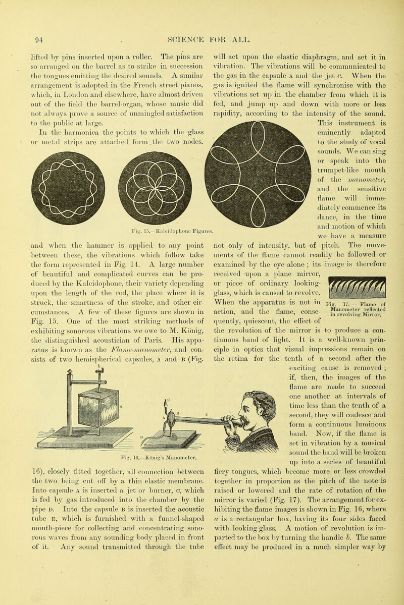 lifted by pins inserted upon a roller. The pins are so arranged on the barrel as to strike in succession the tongues emittino- the desired sounds. A similar arrangement is adopted in the French street pianos, wliich, in London and elsewhere, have almost driven out of the field the ban-el-organ, whose music did not always prove a source of unmingled satisfaction to the public at large. In the harmonica the points to which the glass or metal sti'ips are attached form .the two nodes. Fig. 15.—KaleiL^ophonc Figures, and when the hammer is applied to any point between these, the vibrations which follow take the form represented in Fig. 14. A large number of beautiful and complicated curves can be pro- duced by the Kaleidophone, their variety depending upon the length of the rod, the place where it is struck, the smartness of the stroke, and other cir- cimistances. A few of tliese figures are shown in Fig. 15. One of the most striking methods of exhibiting sonorous vibrations we owe to M. Konig, the distinguished acoustician of Paris. His appa- ratus is known as the Flame-mmwmeter, and con- sists of two hemispherical capsules, A and B (Fig. Fig. 16.—Konig's Mauometer. 16), closely fitted together, all connection between the two being cut off by a thin elastic membrane. Into capsule A is inserted a jet or burner, c, which is fed by gas introduced into the chamber by the pij^e D. Into the capsule b is inserted the acoustic tube E, which is furnished with a funnel-shaped mouth-piece for collecting and concentrating sono- I'ous waves from any sounding body placed in front of it. Anv sound transmitted through the tube will act upon the elastic diaphragm, and set it in vibration. The vibrations will be communicated to the gas in the capsule A and the jet c. When the gas is ignited the flame will synchronise with the vibrations set up in the chamber from which it is fed, and jump up and down with more or less rajjidity, according to the intensity of the sound. This instrument is eminently adapted to the study of vocal sounds. We can sing or speak into the trumpet-like mouth of the manometer, and the sensitive flame will imme- diately commence its dance, in the time and motion of which we have a measure not only of intensity, but of pitch. The move- ments of the flame cannot readily be followed or examined l_iy the eye alone; its image is therefore received upon a plane mirror, or piece of ordinary looking- glass, wliich is caused to revolve. When the ajjparatus is not in action, and the flame, conse- quently, quiescent, the efi'ect of the revolution of the miiTor is to produce a con- tinuous band of light. It is a well-known prin- ciple in optics that visual impressions remain on the retina for the tenth of a second after the exciting cause is removed; if, then, the images of the flame are made to succeed one another at intervals of time less than the tenth of a second, they will coalesce and form a continuous luminous band. Now, if the flame is set in vibration by a musical sound the band will be broken up into a series of beautiful flery tongues, which become more or less crowded together in proportion as the pitch of the note is raised or lowered and the rate of rotation of the mirror is varied (Fig. 17). The arrangement for ex- hibiting the flame images is shown in Fig. 16, where a is a rectangular box, having its four sides faced with looking-glass. A motion of revolution is im- parted to the box by turning the handle b. The same effect may be produced in a much simpler way by I'ier. 17. — Flame of Manometer reflected in revolving Mirror.