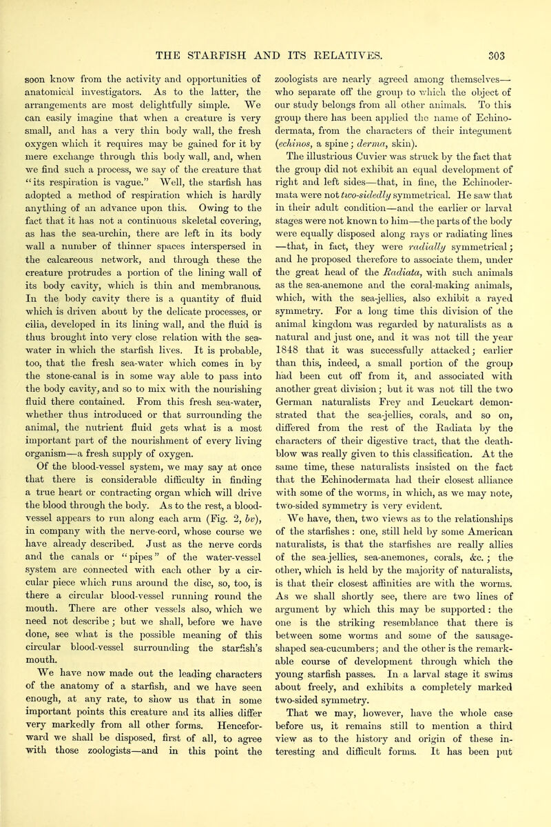 soon know from the activity and opportunities of anatomical investigators. As to the latter, the arrangements are most delightfully simple. We can easily imagine that when a creature is very small, and has a very thin body wall, the fresh oxygen which it requires may be gained for it by mere exchange through this body wall, and, when we find such a process, we say of the creature that its respiration is vague. Well, the starfish has adopted a method of respiration which is hardly anything of an advance upon this. Owing to the fact that it has not a continuous skeletal covering, as has the sea-urchin, there are left in its body wall a number of thinner spaces interspersed in the calcareous network, and through these the creature protrudes a portion of the lining wall of its body cavity, which is thin and membranous. In the body cavity there is a quantity of fluid which is driven about by the delicate processes, or cilia, developed in its lining wall, and the fluid is thus brought into very close relation with the sea^- water in which the starfish lives. It is probable, too, that the fresh sea-water which comes in by the stone-canal is in some way able to pass into the body cavity, and so to mix with the nourishing- fluid there contained. From this fresh sea-water, whether thus introduced or that surrounding the animal, the mitrient fluid gets what is a most important part of the nourishment of every living organism—a fresh supply of oxygen. Of the blood-vessel system, we may say at once that there is considerable difficulty in finding a true heart or contracting organ which will drive the blood through the body. As to the rest, a blood- vessel appears to run along each arm (Fig. 2, bv), in company with the nerve-cord, whose course we have already described. Just as the nerve cords and the canals or pipes of the water-vessel system are connected with each other by a cir- cular piece which runs around the disc, so, too, is there a circular blood-vessel running round the mouth. There are other vessels also, which we need not describe; but we shall, before we have done, see what is the possible meaning of this circular blood-vessel surrounding the starfish's mouth. We have now made out the leading characters of the anatomy of a starfish, and we have seen enough, at any rate, to show us that in some important points this ci-eature and its allies differ very markedly from all other forms. Hencefor- ward we shall be disposed, first of all, to agi-ee with those zoologists—and in this point the zoologists are nearly agreed among tliemselves—■ who separate off the groiip to v/Iiicli the object of our study belongs from all other animals. To this group there has been applied tlie name of Echino- dermata, from the characters of tlieir integument {echinos, a sjjine; derma, skin). The illustrious Cuvier was struck by the fact that the group did not exhibit an equal development of right and left sides—that, in fine, the Echinoder- mata were not two-sidedly symmetrical. He saw that in their adult condition—and the earlier or larval stages were not known to him—the jjarts of the body were equally disposed along rays or radiating lines —that, in fact, they wei-e radicdly symmeti-ical; and he proposed therefore to associate them, imder the great head of the Radiata, with such animals as the sea-anemone and the coral-making animals, which, with the sea-jellies, also exhibit a rayed symmetry. For a long time this division of the animal kingdom was regarded by naturalists as a natural and just one, and it was not till the year 1848 that it was successfully attacked; earlier than this, indeed, a small portion of the group had been cut off from it, and associated with another great division; but it was not till the two German naturalists Frey and Leuckart demon- strated that the sea-jellies, corals, and so on, diff'ered from the rest of the Radiata by the characters of their digestive tract, that the death- blow was really given to this classification. At the same time, these naturalists insisted on the fact that the Echinodermata had their closest alliance with some of the worms, in which, as we may note, two-sided symmetry is very evident. We have, then, two views as to tlie relationships of the starfishes : one, still held by some American naturalists, is that the starfishes are really allies of the sea-jellies, sea-anemones, corals, &c. ; the other, which is held by the majority of naturalists, is that their closest affinities are with the worms. As we shall shortly see, there are two lines of ai'gument by which this may be svipported : the one is the striking resemblance that there is between some worms and some of the sausage- shaped sea-cucumbers; and the other is the remark- able course of development through which the young starfish passes. In a larval stage it swims about freely, and exhibits a completely marked two-sided symmetry. That we may, liowever, have the whole case before us, it remains still to mention a third view as to the history and origin of these in- teresting and difficult forms. It has been put