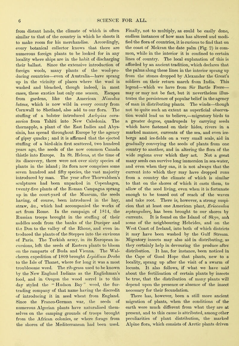 from distant lands, the climate of which is often similar to that of the country in which he shoots it to make room for his merchandise. Accordingly, every botanical collector knows that there are numerous foreign plants to be looked for in any locality where ships are in the habit of discharging their ballast. Since the extensive introduction of foreign wools, many plants of the wool-pro- ducing countries—even of Australia—have sprang up in the vicinity of places where the wool is washed and bleached, though indeed, in most cases, these exotics last only one season. Escapes from gardens, like the American Mimulus luteus, which is now wild in every coimty from Cornwall to Shetland, also add to our flora. The stuffing of a bolster introduced Asclejnas cara- savica from Tahiti into New Caledonia. The thornapple, a plant of the East Indies and Abys- sinia, has spread throughout Europe by the agency of gipsy quacks ; and it is affirmed that the ejected stuffing of a bird-skin first scattei-ed, two hundred years ago, the seeds of the now common Canada thistle into Europe. In St. Helena, at the time of its discovery, there were not over sixty species of plants in the island ; its flora now comprises some seven hundred and fifty species, the vast majority introduced by man. The year after Thorwaldsen's sculptures had been unpacked in Copenhagen, twenty-five plants of the Roman Campagna sprang up in the court-yard of the Museum, the seeds having, of course, been introduced in the hay, straw, (fee, which had accompanied the works of art from Rome. In the campaign of 1814, the Russian troops brought in the stuffing of their saddles seeds from the banks of the Dneiper and tl.e Don to the valley of the Rhone, and even in- ti-oduced the plants of the Steppes into the environs of Paris. The Turkish army, in its European in- cursions, left the seeds of Eastern plants to bloom on the ramparts of Buda and Vienna. The Wal- cheren expedition of 1809 broiight Lepidium Draha to the Isle of Thanet, where for long it was a most troublesome weed. The rib-grass used to be known by the New England Indians as the Englishman's food, and in Oregon the wood sorrel is to this day styled the Hudson Bay weed, the fur- trading company of that name having the discredit of introducing it in seed wheat from England. Since the Franco-German war, the seeds of numerous Algerian plants have naturalised them- selves on the camping grounds of troops brought from the African colonies, or where forage from the shores of the Mediterranean had been used. Finally, not to multiply, as could be easily done, endless instances of how man has altered and modi- fied the flora of countries, it is curious to find that on the coast of Mekran the date palm (Fig. 2) is com- mon, while in the interior it is confined to certain lines of country. The local explanation of this is affiarded by an ancient tradition, which declares that the palms along these lines in the interior sprang up from the stones dropped by Alexander the Great's soldiers on their return march from India. This legend—which we have from Sir Bartle Frere— may or may not be fact, but it nevertheless illus- trates the persistence of popular belief in the agency of man in distributing plants. The winds—though not to quite such an extent as superficial observa- tion would lead us to believe,—migratory birds to a greater degree, quadrupeds by carrying seeds which have fastened on their hides, rivers in a marked manner, currents of the sea, and even ice- bergs and ice-fields on a very small scale, aid in gradually conveying the seeds of plants from one country to another, and in altering the flora of the wide regions over which they act. Not a great many seeds can survive long immersion in sea-water, and even when they can, it is not always that the current into which they may have dropped runs from a country the climate of which is similar to that on the shores of which it casts them, to allow of the seed living, even when it is fortunate enough to be tossed out of reach of the waves and take root. There is, however, a strong suspi- cion that at least one American plant, Eriocaulon septangulare., has been brought to our shores by currents. It is found on the Island of Skye, an{i some of the neighbouring Hebrides, and on the West Coast of Ireland, into both of which districts it may have been washed by the Gulf Stream. Migratory insects may also aid in distributing, as they certainly help in devouring the produce after distribution. It has, for instance, been noticed in the Cape of Good Hope that plants, new to a. locality, sprang up after the visit of a swarm of locusts. It also follows, if what we have said about the fertilisation of certain plants by insects be true, that the distribution of many plants will depend upon the presence or absence of the insect necessary for their fecundation. There has, however, been a still more ancient migration of plants, when the conditions of the earth were much different from what they are at present, and to this cause is attributed, among other peculiarities of plant distribution, the- marked Alpine flora, which consists of Arctic plants driven