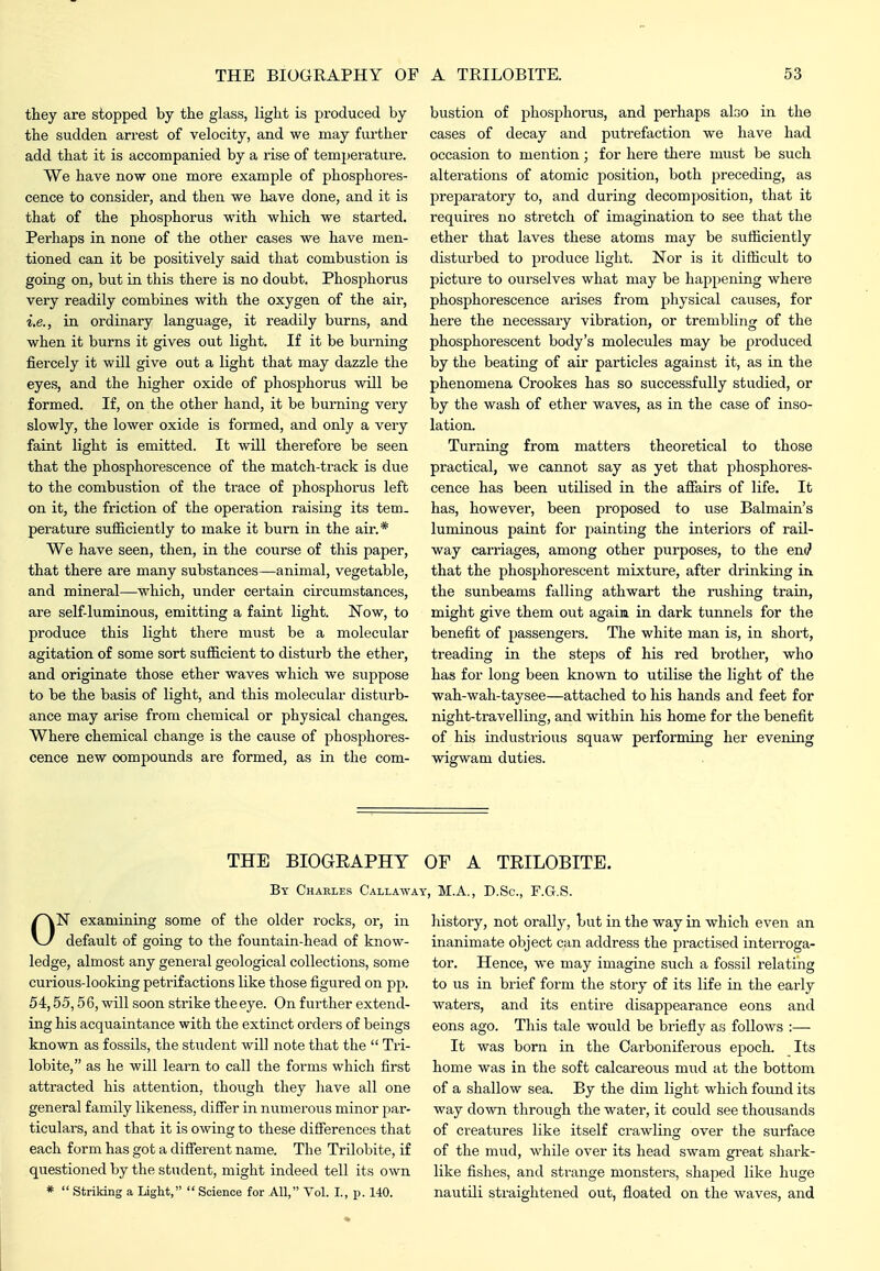 they are stopped by the glass, light is produced by the sudden arrest of velocity, and we may further add that it is accompanied by a rise of temperature. We have now one more example of phosphores- cence to consider, and then we have done, and it is that of the phosphorus with which we started. Perhaps in none of the other cases we have men- tioned can it be positively said that combustion is going on, but in this there is no doubt. Phosphorus very readily combines with the oxygen of the air, i.e., in. ordinary language, it readily burns, and when it burns it gives out light. If it be burning fiercely it will give out a light that may dazzle the eyes, and the higher oxide of phosphorus will be formed. If, on the other hand, it be burning very slowly, the lower oxide is formed, and only a very faint light is emitted. It will therefore be seen that the phosphorescence of the match-track is due to the combustion of the trace of phosphorus left on it, the friction of the operation raising its tem- perature sufficiently to make it burn in the air.* We have seen, then, in the course of this paper, that there are many substances—animal, vegetable, and mineral—M'hich, under certain circumstances, are self-luminous, emitting a faint light. Now, to produce this light there must be a molecular agitation of some sort sufficient to disturb the ether, and originate those ether waves which we suppose to be the basis of light, and this molecular disturb- ance may arise from chemical or physical changes. Where chemical change is the cause of phosphores- cence new compounds are formed, as in the com- bustion of phosphorus, and perhaps also in the cases of decay and putrefaction we have had occasion to mention; for here there must be such alterations of atomic position, both preceding, as preparatory to, and during decomposition, that it requires no stretch of imagination to see that the ether that laves these atoms may be sufficiently disturbed to produce light. Nor is it dithcult to picture to ourselves what may be happening where phosphorescence arises from physical causes, for here the necessary vibration, or trembling of the phosphorescent body's molecules may be produced by the beating of air particles against it, as in the phenomena Crookes has so successfully studied, or by the wash of ether waves, as in the case of inso- lation. Turning from matters theoretical to those practical, we cannot say as yet that phosphores- cence has been utilised in the afiairs of life. It has, however, been proposed to use Balmain's luminous paint for painting the interiors of rail- way carriages, among other purposes, to the end that the phosphorescent mixture, after drinking iix the sunbeams falling athwart the rushing train, might give them out again in dark tunnels for the benefit of passengers. The white man is, in short, treading in the steps of his red bi'other, who has for long been known to utilise the light of the wah-wah-taysee—attached to liis hands and feet for night-travelling, and within his home for the benefit of his industrious squaw performing her evening wigwam duties. THE BIOGEAPHY OF A TEILOBITE. By Charles Callaway, M.A., D.Sc, F.G.S. ON examining some of the older rocks, or, in default of going to the fountain-head of know- ledge, almost any general geological collections, some curious-looking petrifactions like those figured on pp. 54,55,56, will soon strike the eye. On further extend- ing his acquaintance with the extinct orders of beings known as fossils, the student will note that the  Tri- lobite, as he will learn to call the forms which first attracted his attention, though they have all one general family likeness, differ in numerous minor par- ticulars, and that it is owing to these differences that each form has got a different name. The Trilobite, if questioned by the student, might indeed tell its own *  Striking a Light,  Science for All, Vol. I., p. 140. history, not orally, but in the way in which even an inanimate object can address the practised interroga- tor. Hence, we may imagine such a fossil relating to us in brief form the story of its life in the early waters, and its entire disappearance eons and eons ago. This tale would be briefly as follows :— It was born in the Carboniferous epoch. Its home was in the soft calcareous mud at the bottom of a shallow sea. By the dim light which found its way down through the water, it could see thousands of creatures like itself crawling over the surface of the mud, while over its head swam gi-eat shark- like fishes, and sti-ange monsters, shaped like huge nautili straightened out, floated on the waves, and